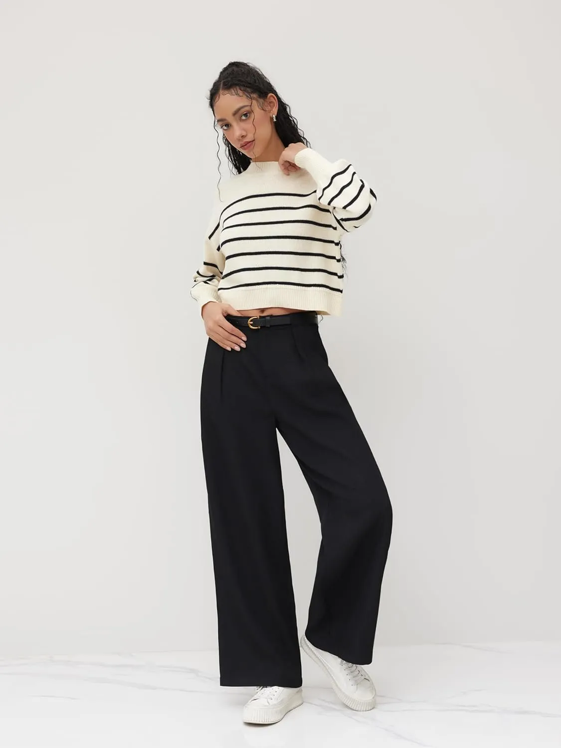 CIDER Mid Waist Solid Pocket Straight Leg Trousers with Belt
