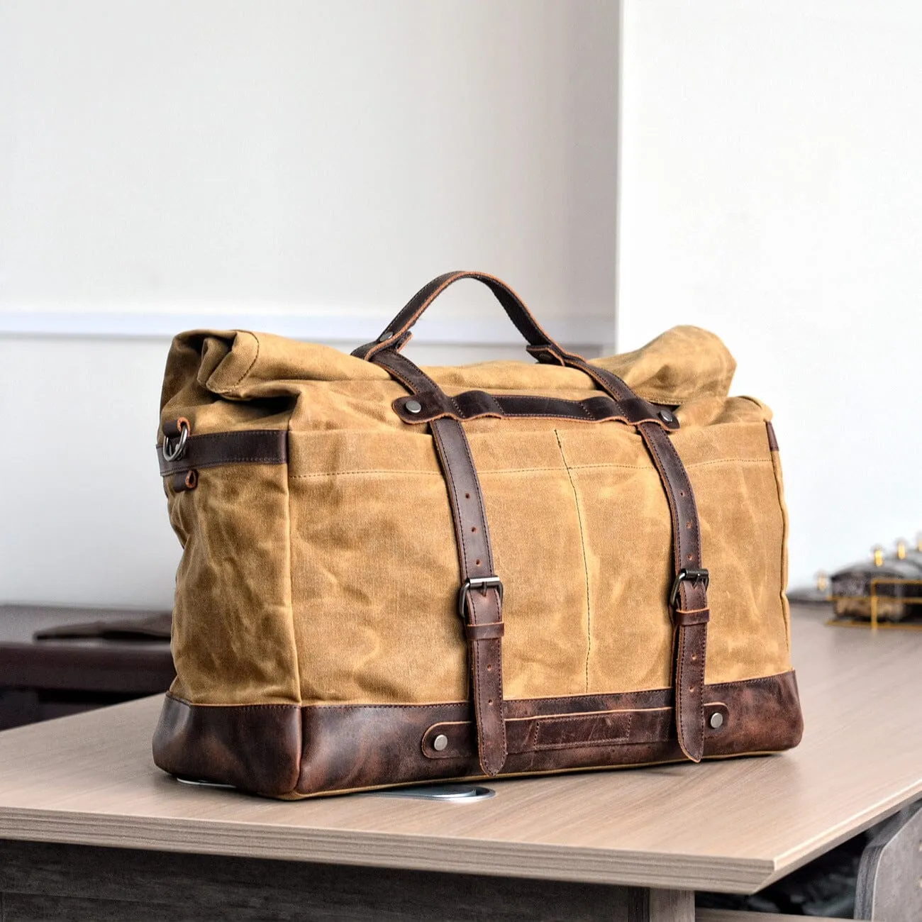 Classic Waxed Canvas Duffle Bag with Crazy Horse Leather