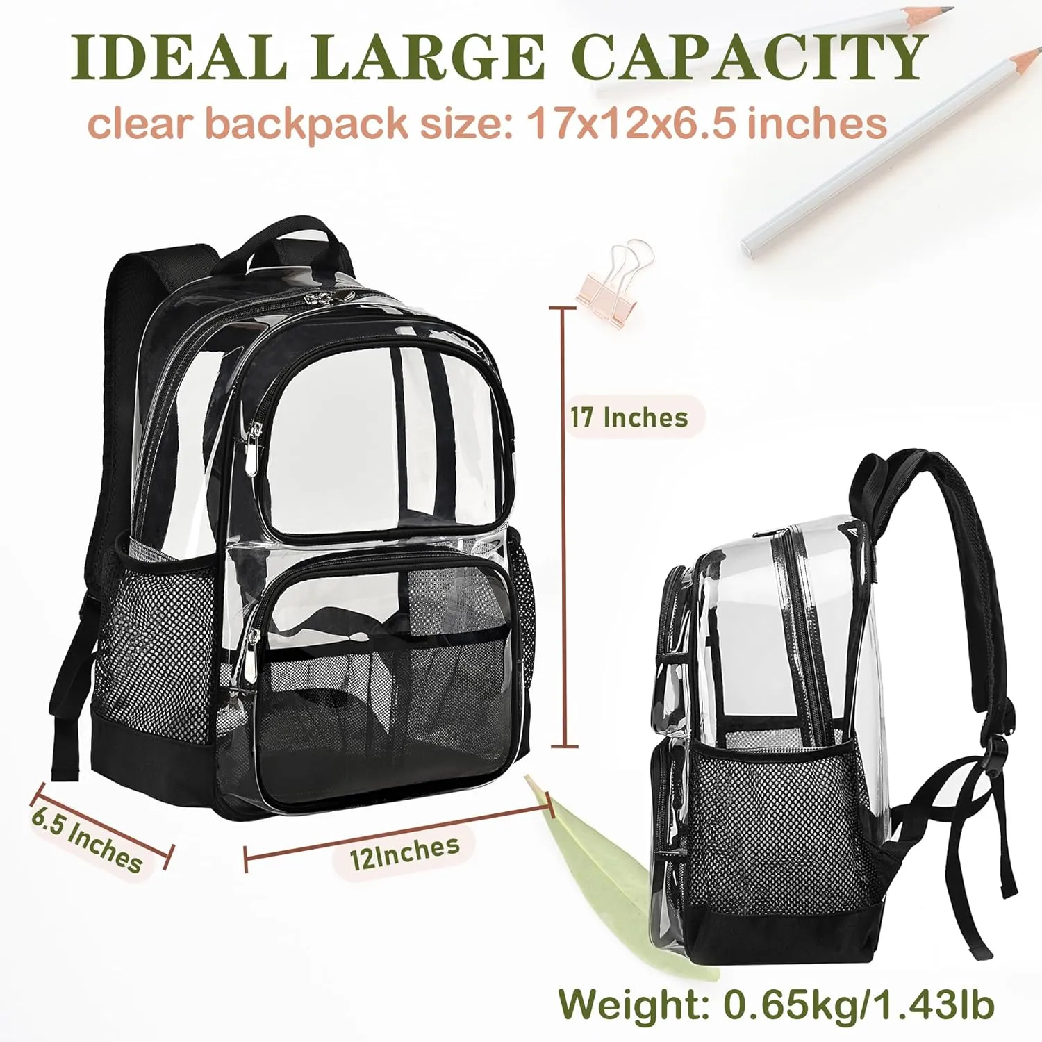 Clear Backpack Heavy Duty,17'' Transparent Bag See Through Backpack for College Work Travel Security,Brown