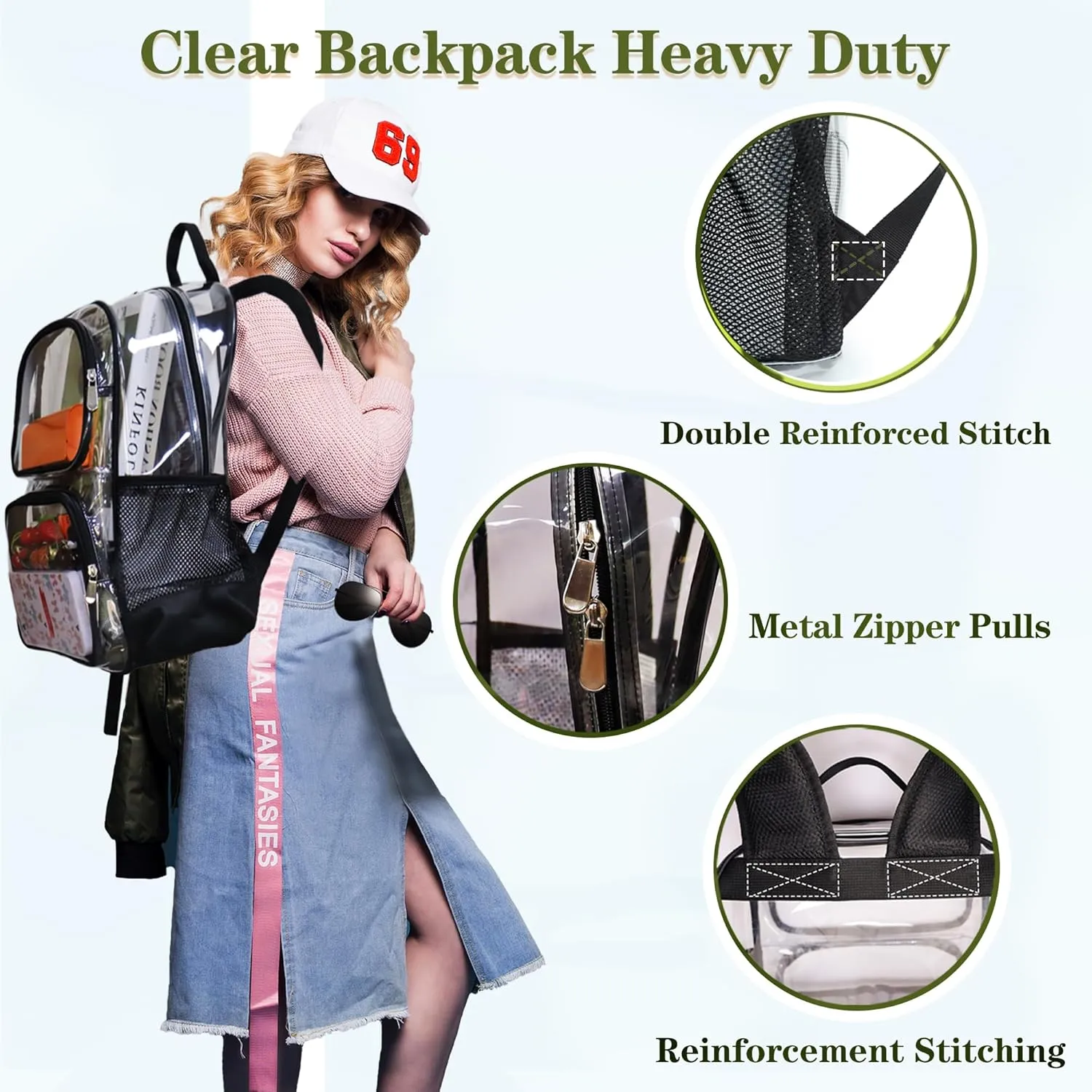 Clear Backpack Heavy Duty,17'' Transparent Bag See Through Backpack for College Work Travel Security,Brown