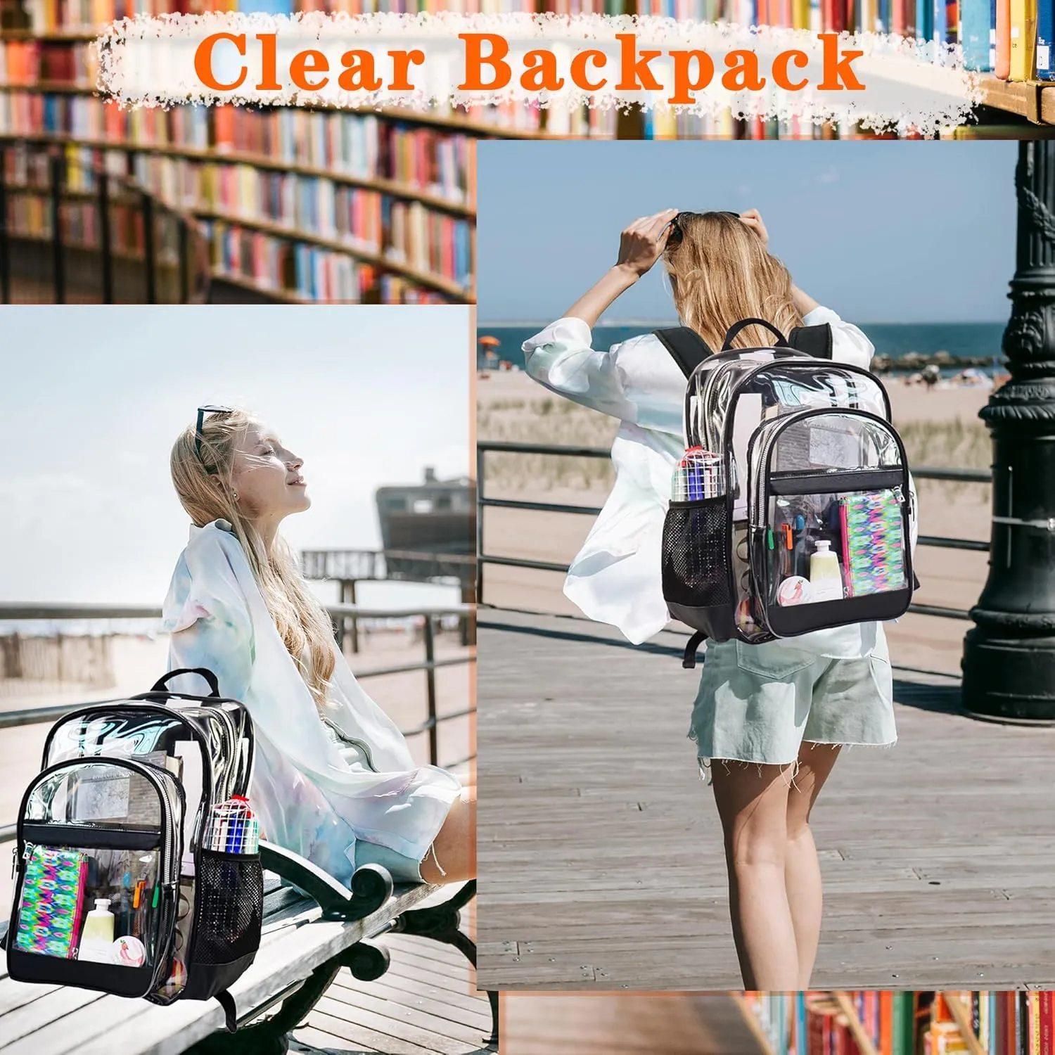 Clear Backpack,Heavy Duty Clear Bookbag See Through Backpack Large Clear Bag for School College Work Travel Security,Gray