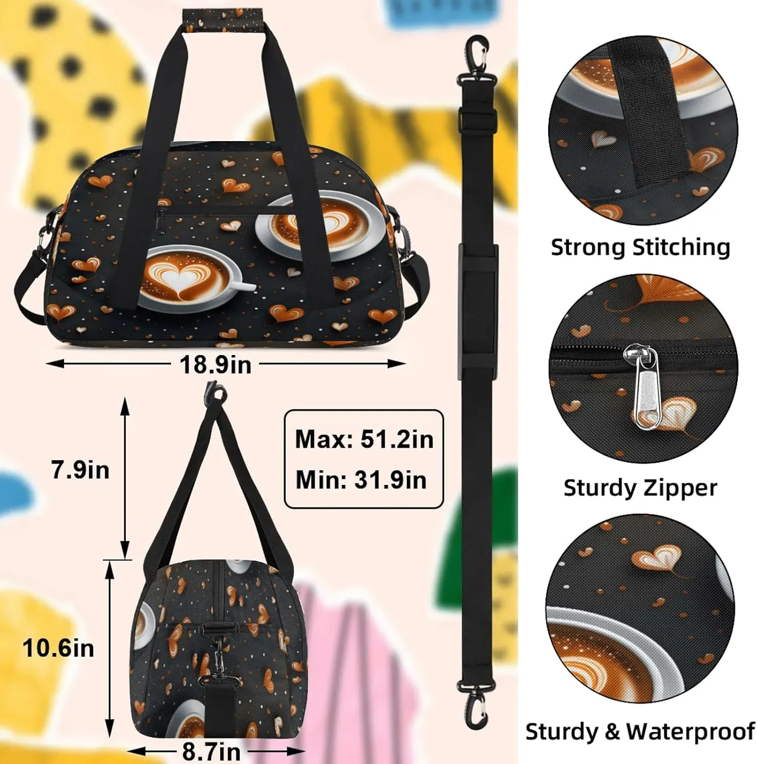 Coffee Theme Small Gym Bag 18 inch Carry On Duffel Bag for Weekender Travel Sports Workout Yoga Gymnastics Dance Ballet