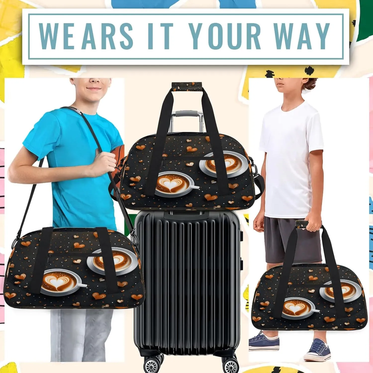 Coffee Theme Small Gym Bag 18 inch Carry On Duffel Bag for Weekender Travel Sports Workout Yoga Gymnastics Dance Ballet