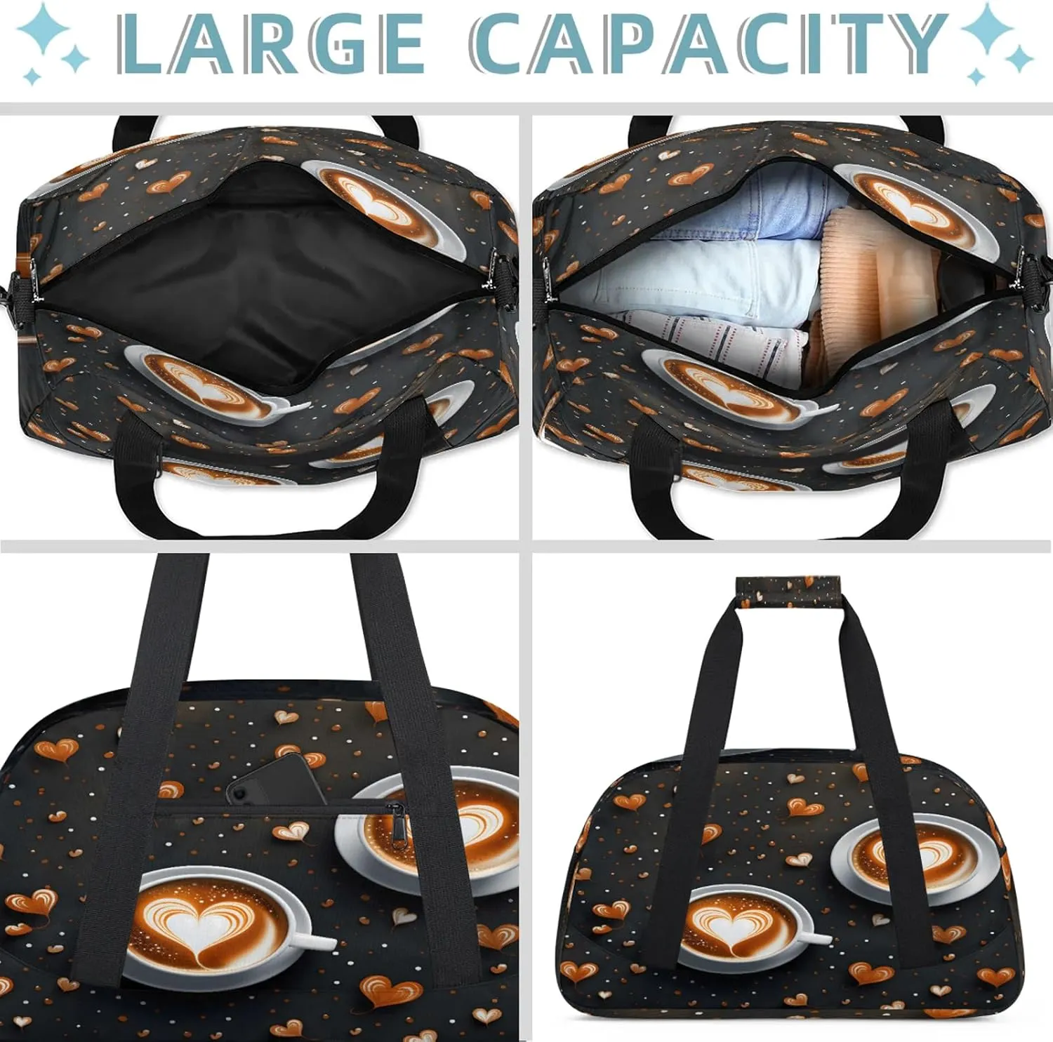 Coffee Theme Small Gym Bag 18 inch Carry On Duffel Bag for Weekender Travel Sports Workout Yoga Gymnastics Dance Ballet