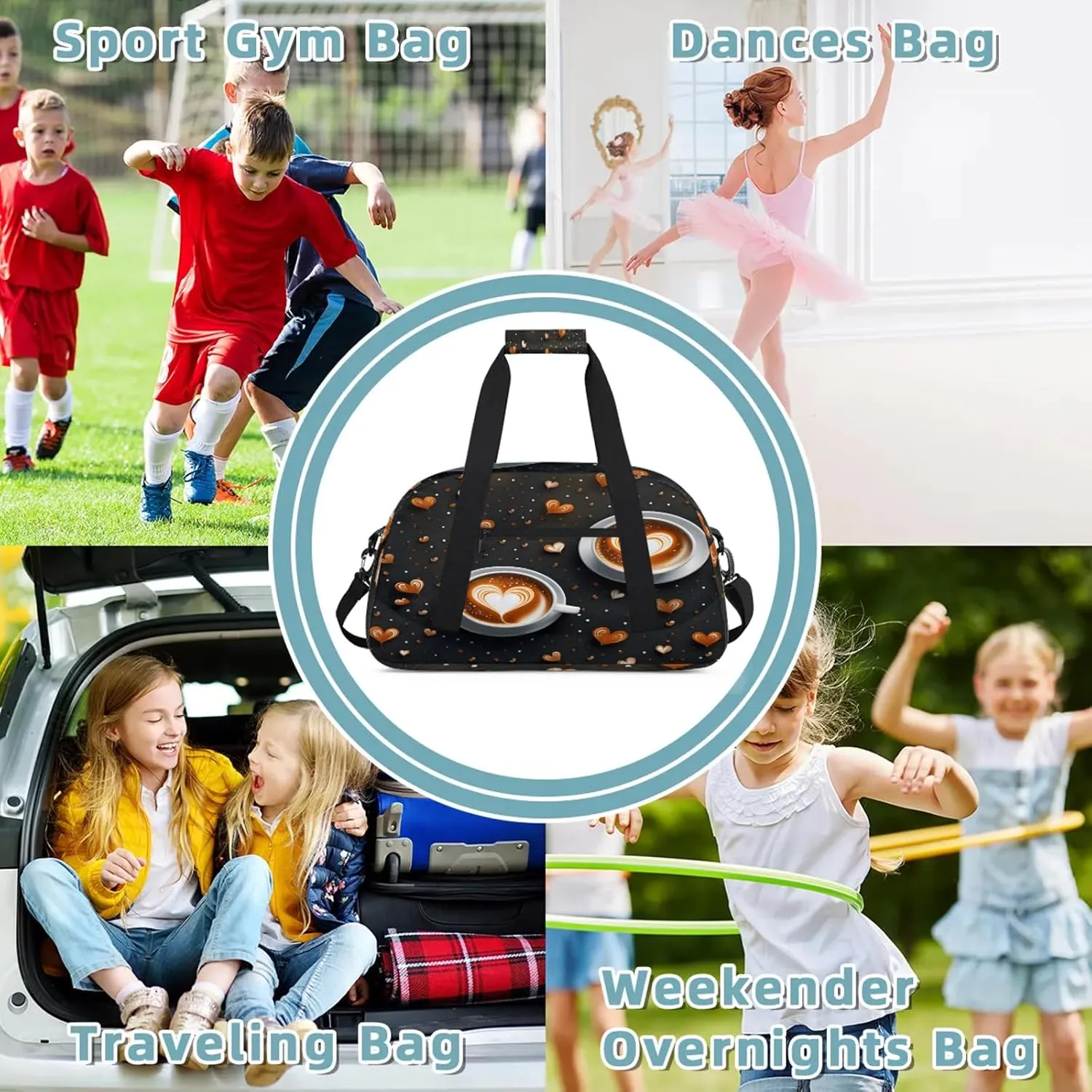 Coffee Theme Small Gym Bag 18 inch Carry On Duffel Bag for Weekender Travel Sports Workout Yoga Gymnastics Dance Ballet