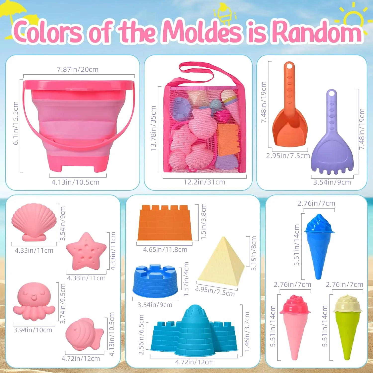 Collapsible Beach Toys Sand Set Collapsible Sand Bucket and Shovels Set with Mesh Bag & Molds Sandbox Toys for Kids Girl Ages 4-8-12 Toddler Beach Essentials Summer Travel Vacation Must Haves (Pink)
