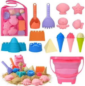 Collapsible Beach Toys Sand Set Collapsible Sand Bucket and Shovels Set with Mesh Bag & Molds Sandbox Toys for Kids Girl Ages 4-8-12 Toddler Beach Essentials Summer Travel Vacation Must Haves (Pink)
