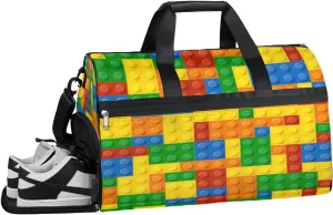 Colorful Building Blocks Kids Overnighter Duffel Bags for Boys Girls, Carry-On Size Sports Gym Bag with Shoe Compartments for School Practice or Overnight Travel Weekender Sleepover Tote Bag