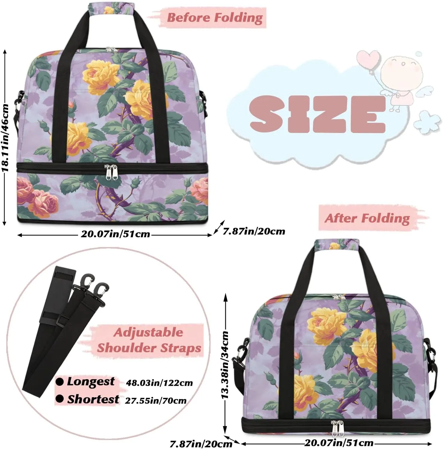 Colorful Flora Beauty Patterns Travel Duffle Bag, Collapsible Travel Bag Sports Gym Bag With Shoes Compartment Weekender Bag Overnight Bag For Women Men