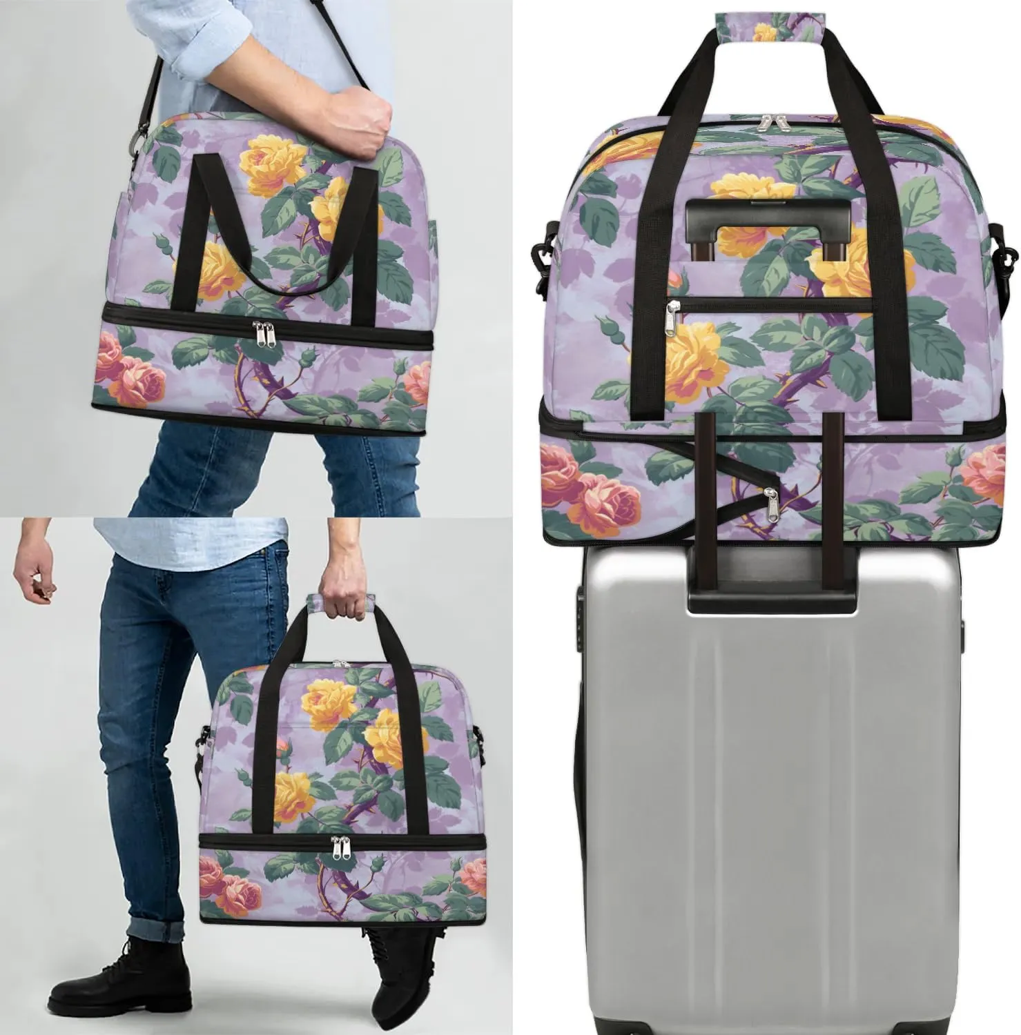 Colorful Flora Beauty Patterns Travel Duffle Bag, Collapsible Travel Bag Sports Gym Bag With Shoes Compartment Weekender Bag Overnight Bag For Women Men