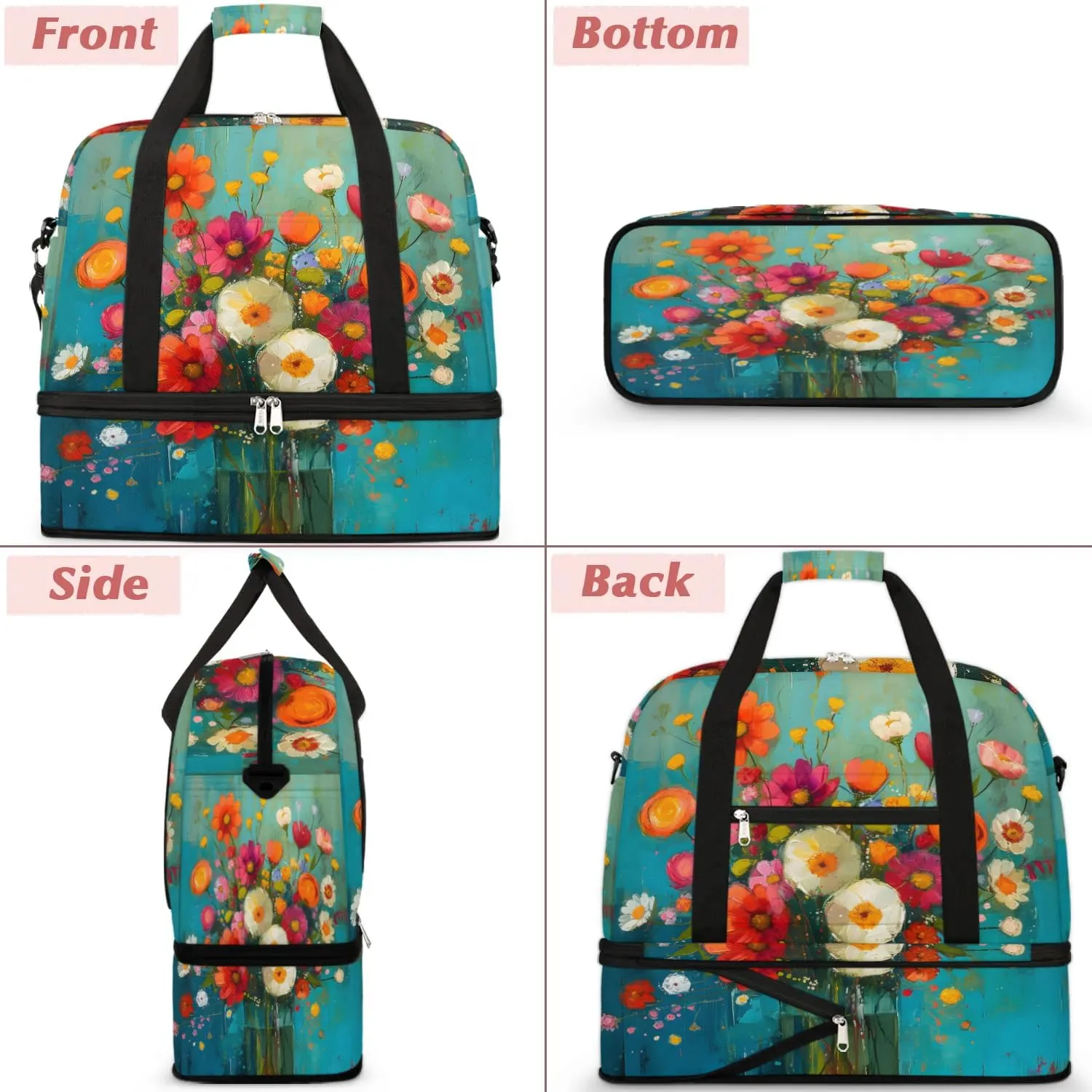 Colorful Flowers Beauty Pattern Travel Duffle Bag, Collapsible Travel Bag Sports Gym Bag With Shoes Compartment Weekender Bag Overnight Bag For Women Men
