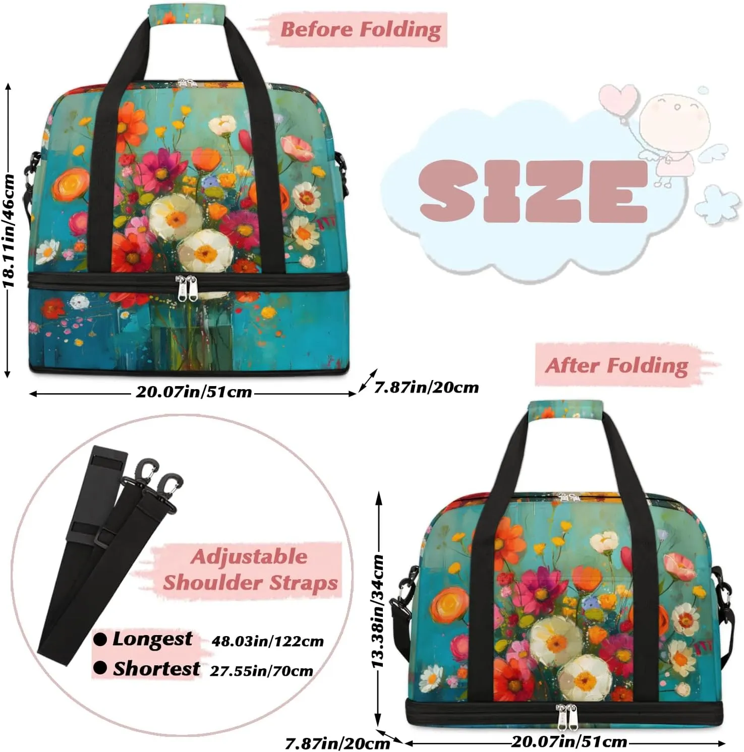 Colorful Flowers Beauty Pattern Travel Duffle Bag, Collapsible Travel Bag Sports Gym Bag With Shoes Compartment Weekender Bag Overnight Bag For Women Men