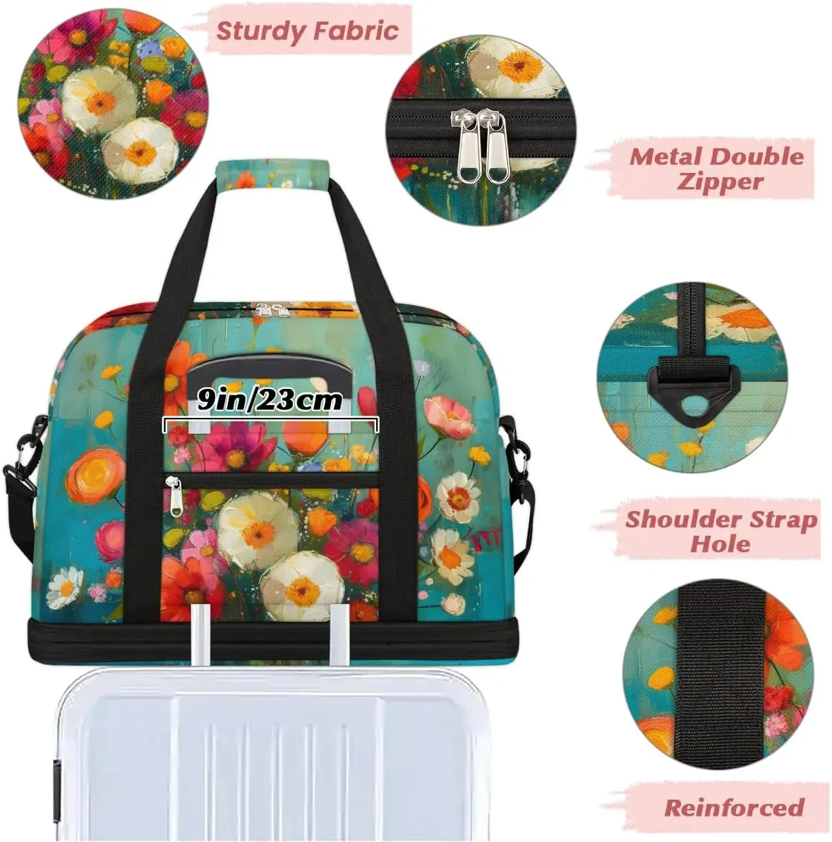 Colorful Flowers Beauty Pattern Travel Duffle Bag, Collapsible Travel Bag Sports Gym Bag With Shoes Compartment Weekender Bag Overnight Bag For Women Men