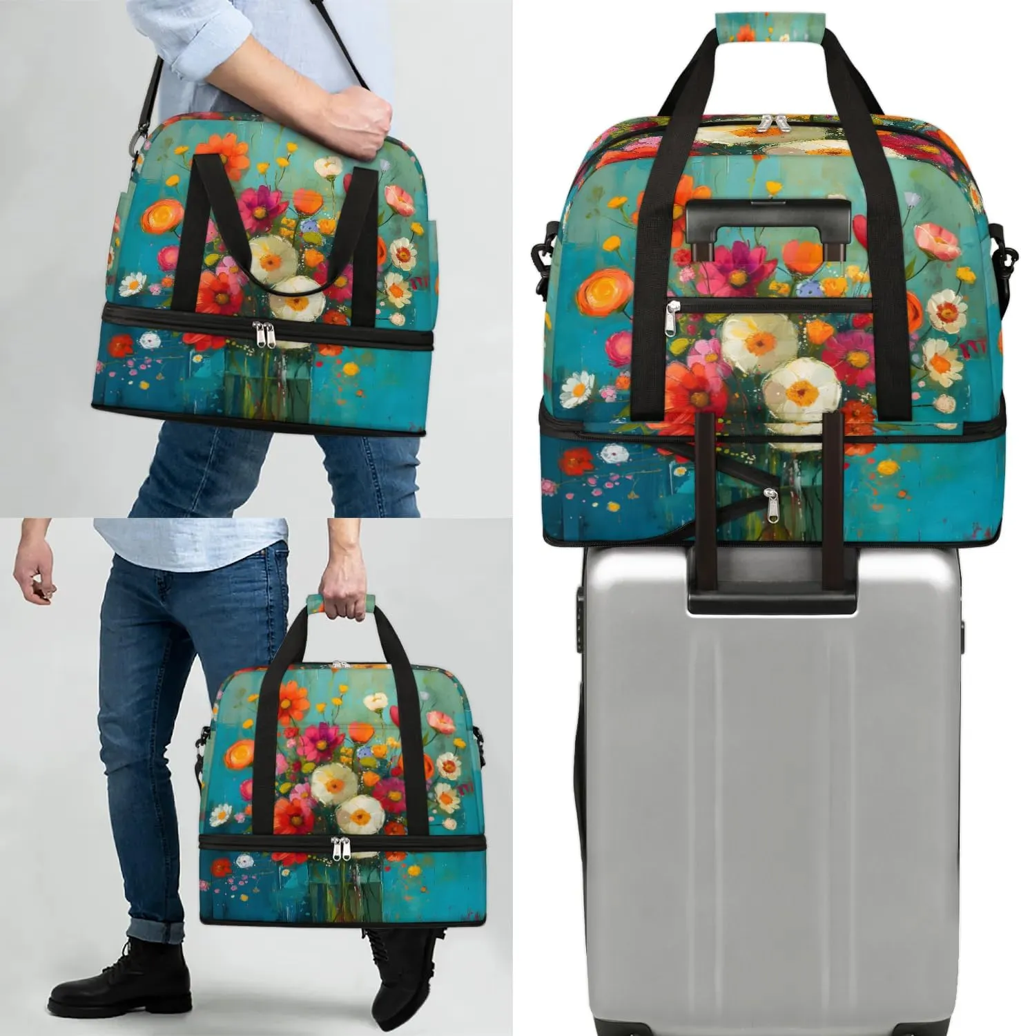 Colorful Flowers Beauty Pattern Travel Duffle Bag, Collapsible Travel Bag Sports Gym Bag With Shoes Compartment Weekender Bag Overnight Bag For Women Men