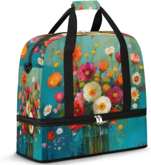 Colorful Flowers Beauty Pattern Travel Duffle Bag, Collapsible Travel Bag Sports Gym Bag With Shoes Compartment Weekender Bag Overnight Bag For Women Men