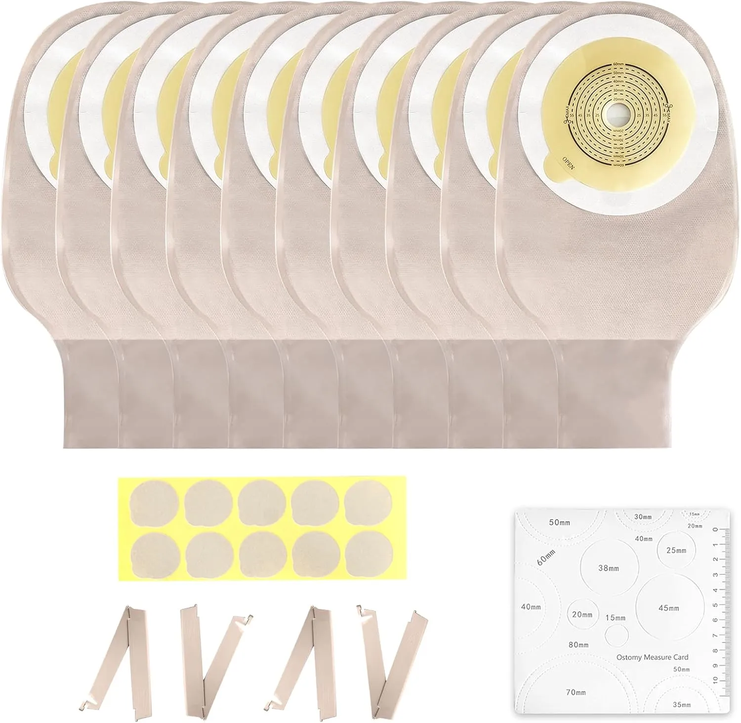 Colostomy Bags,Ostomy Supplies One Piece Drainable Pouches for Ileostomy Stoma Care,20mm-60mm Cut-to-Fit (10PCS Bags 4 Clips 1 Air Hole Blockers 1 Measure Card)
