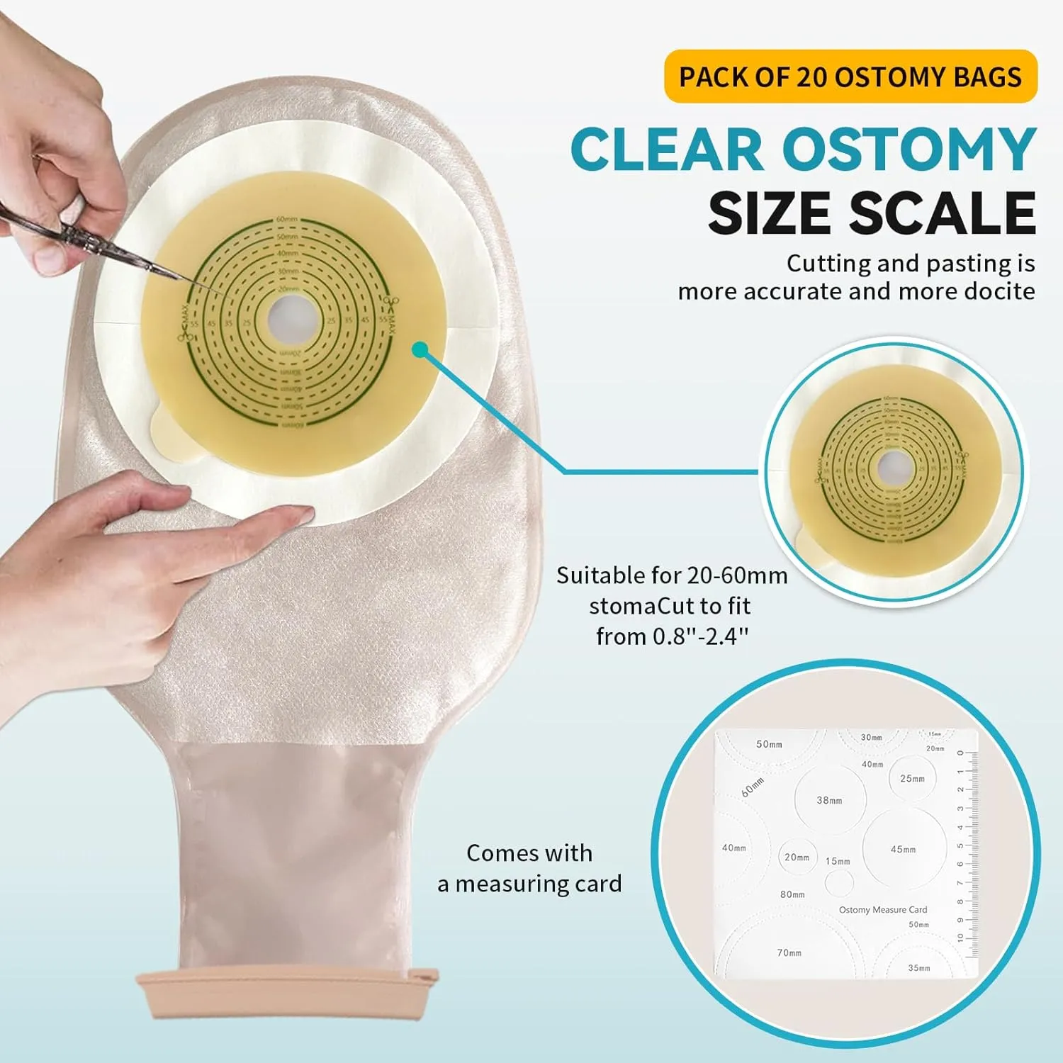 Colostomy Bags,Ostomy Supplies One Piece Drainable Pouches for Ileostomy Stoma Care,20mm-60mm Cut-to-Fit (10PCS Bags 4 Clips 1 Air Hole Blockers 1 Measure Card)