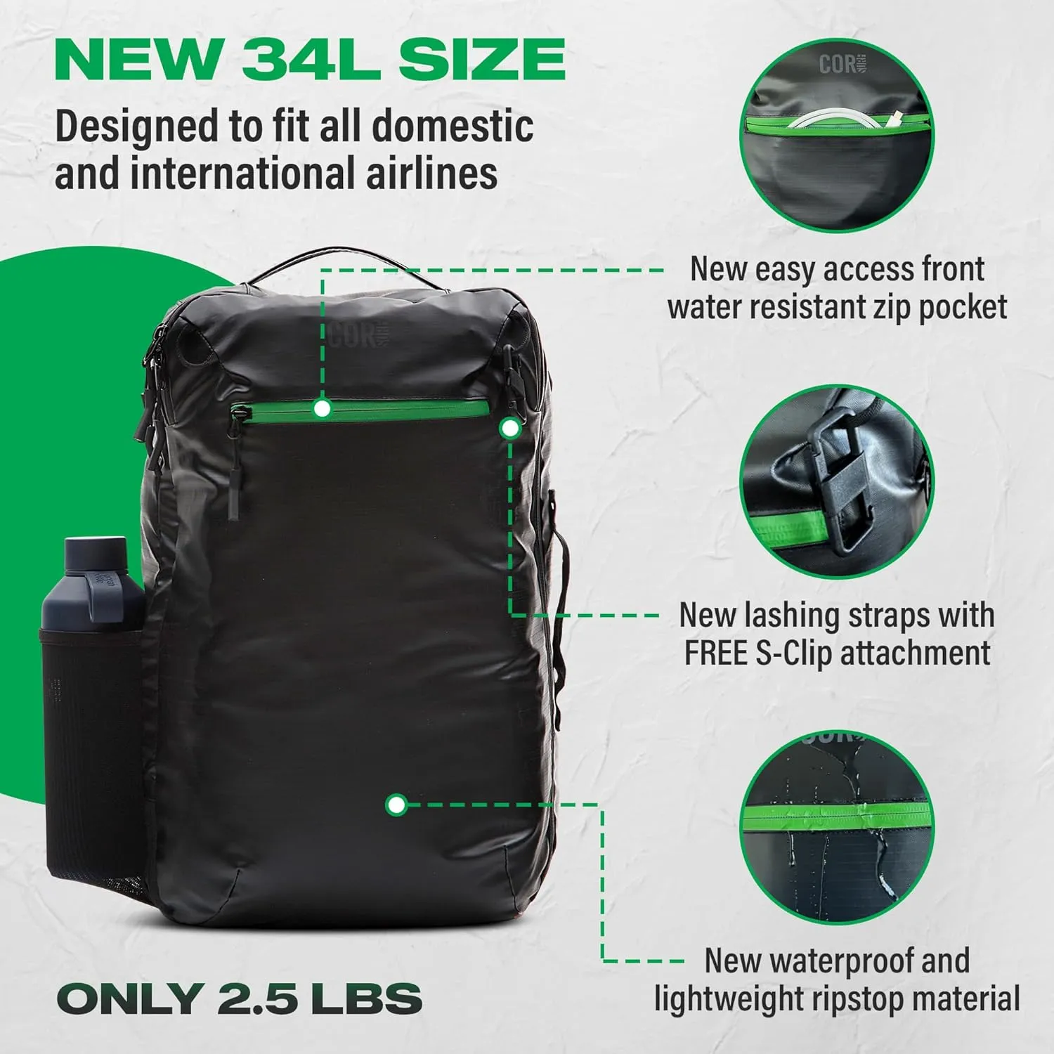 COR Surf 34L Carry On Travel Backpack | TSA and Airline Flight Approved Personal Luggage Style Backpack | The Island Hopper 2.0 | 34L Matte Black Waterproof Edition | FREE S-Clip Included