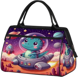 Cosmic Spacecraft Dinosaur Travel Duffle Bag, Waterproof Duffel Bag Weekender Overnight Carry On Bag Lightweight Sport Gym Bag for Men Women