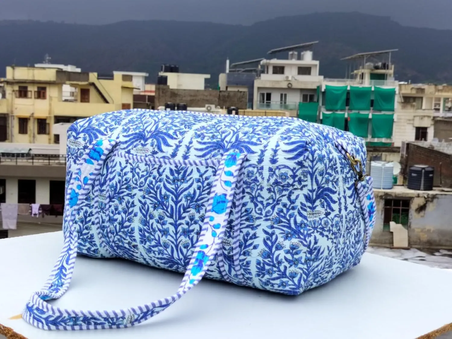 Cotton Quilted Duffle Bag Floral Print Bags Shoulder Weekender Overnight Travel Carry Gym Luggage Yoga Bag (Design-4_11)