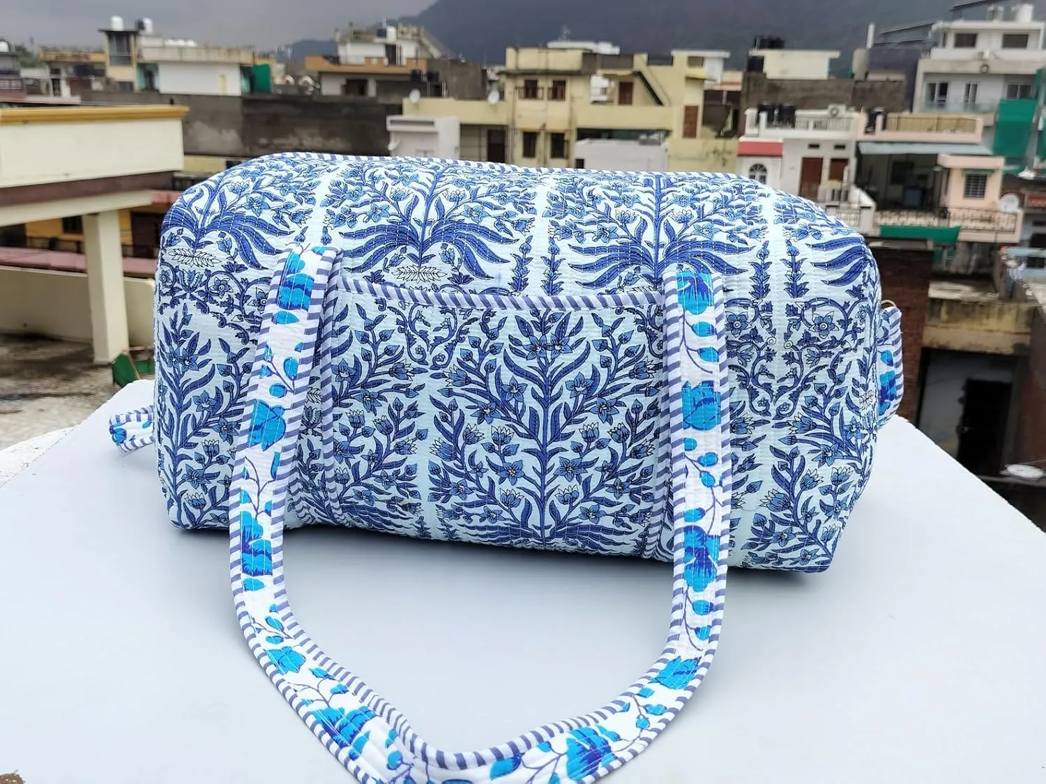 Cotton Quilted Duffle Bag Floral Print Bags Shoulder Weekender Overnight Travel Carry Gym Luggage Yoga Bag (Design-4_11)
