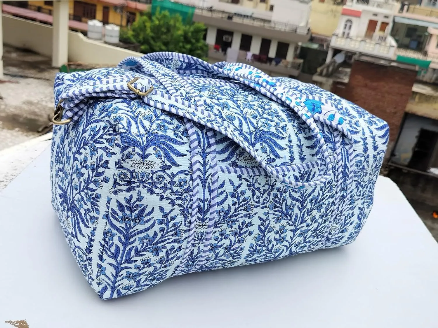 Cotton Quilted Duffle Bag Floral Print Bags Shoulder Weekender Overnight Travel Carry Gym Luggage Yoga Bag (Design-4_11)