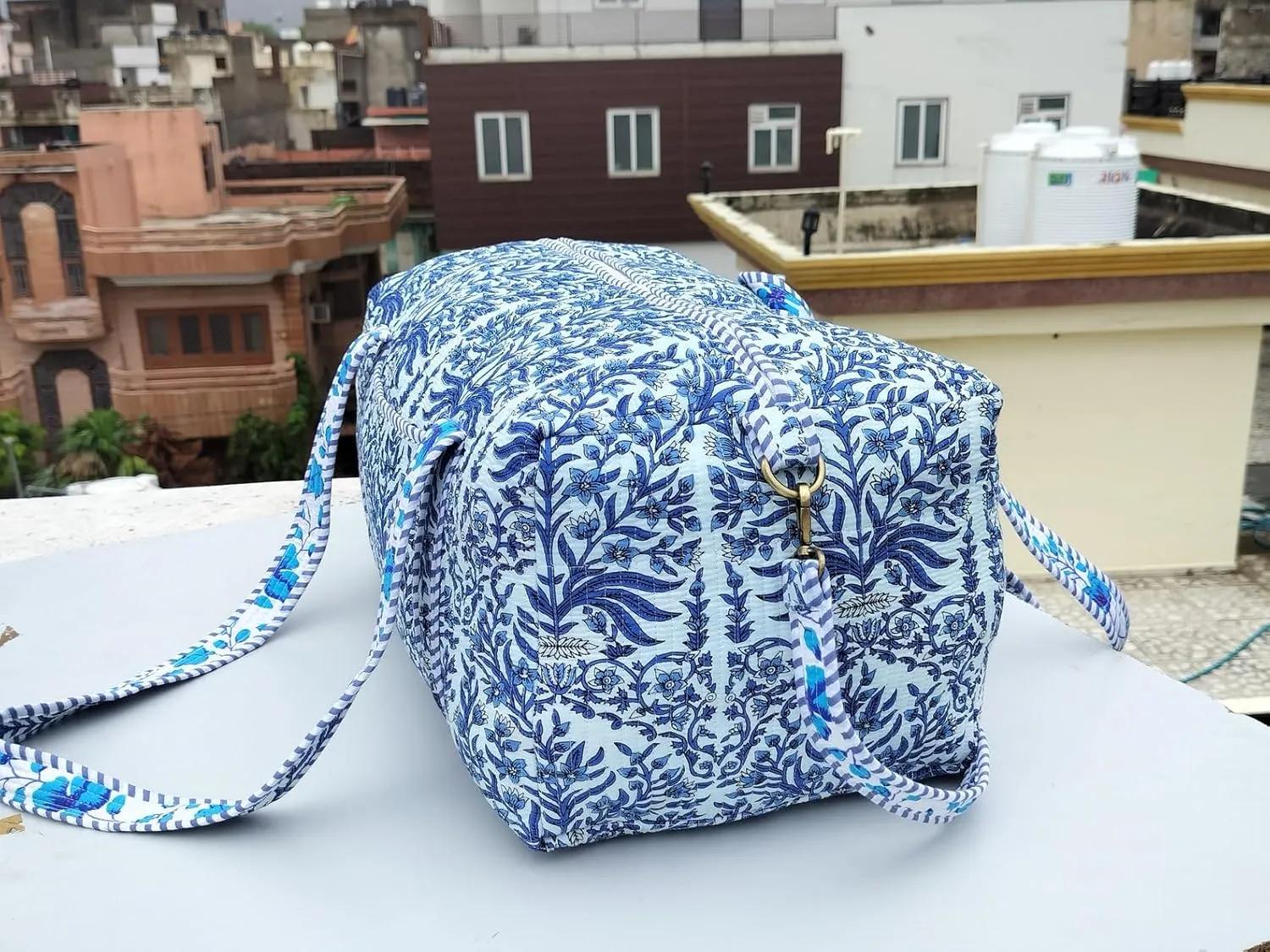 Cotton Quilted Duffle Bag Floral Print Bags Shoulder Weekender Overnight Travel Carry Gym Luggage Yoga Bag (Design-4_11)