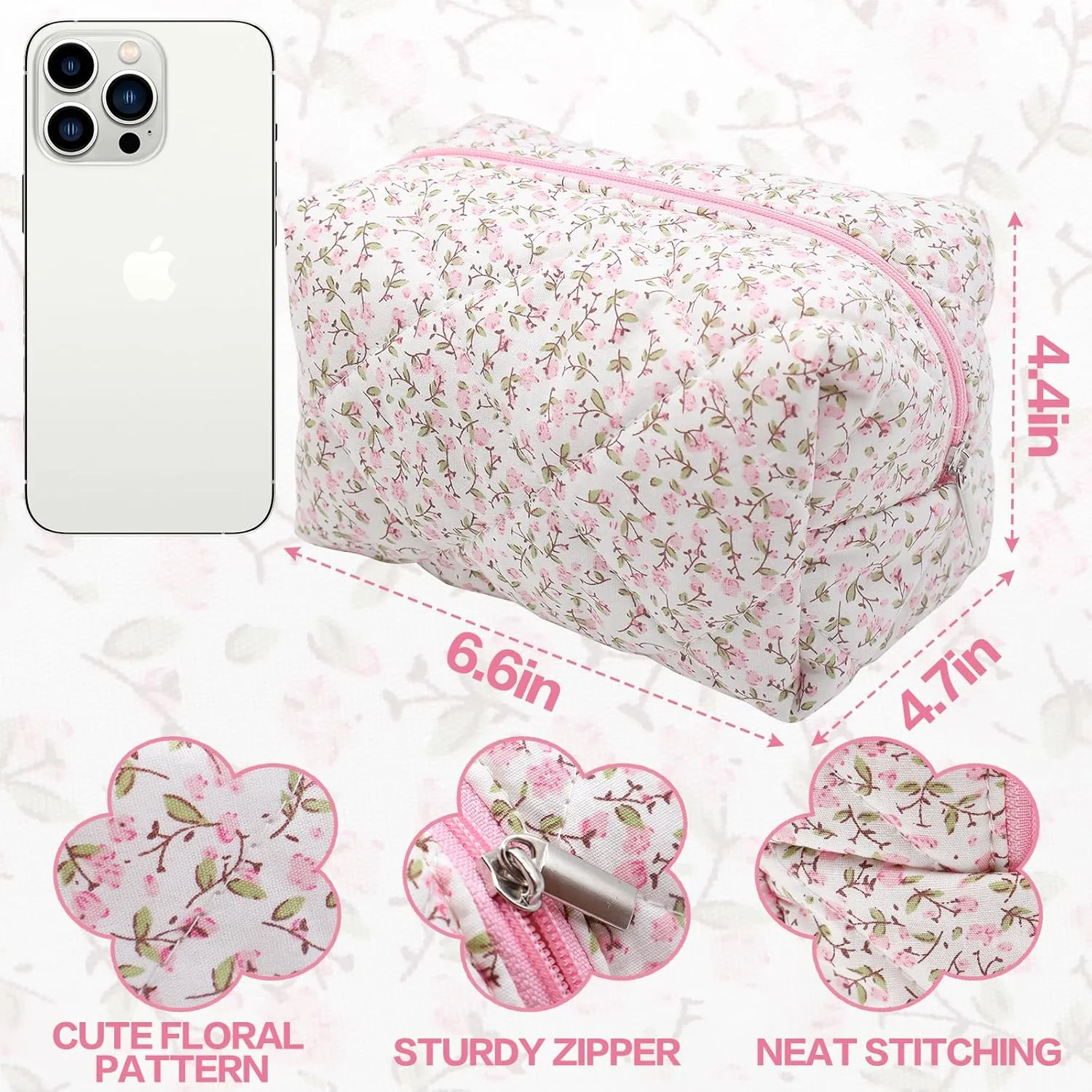 Cotton Quilted Makeup Bag, Cute Pouch Toiletry Bag Cosmetic Bag Quilted Floral Organizer Bag Travel Coquette Aesthetic Portable Storage Zipper Purse for Women (Pink)