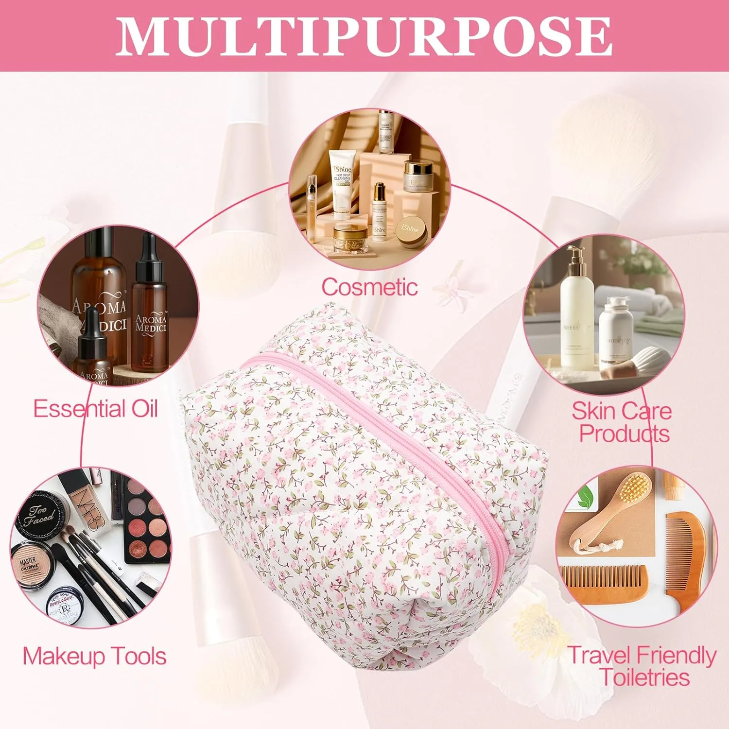 Cotton Quilted Makeup Bag, Cute Pouch Toiletry Bag Cosmetic Bag Quilted Floral Organizer Bag Travel Coquette Aesthetic Portable Storage Zipper Purse for Women (Pink)