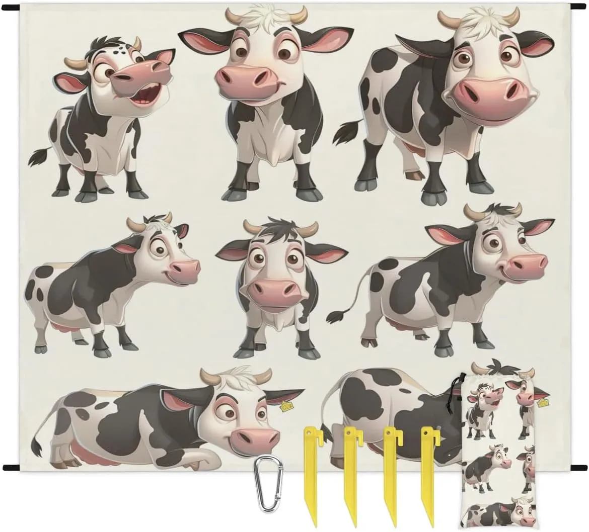 Cow Beach Blanket, Sandproof Beach Mat, Adults Waterproof Quick Drying Sand Free Mat with 4 x Ground Spikes for Outdoor Travel Camping Hiking, Milk Cow