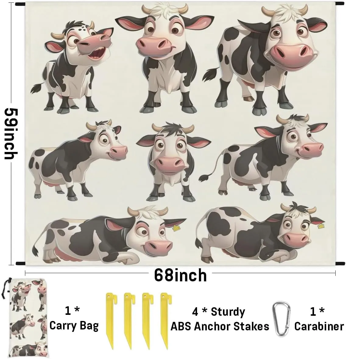 Cow Beach Blanket, Sandproof Beach Mat, Adults Waterproof Quick Drying Sand Free Mat with 4 x Ground Spikes for Outdoor Travel Camping Hiking, Milk Cow