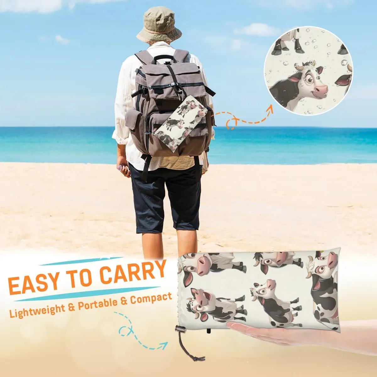 Cow Beach Blanket, Sandproof Beach Mat, Adults Waterproof Quick Drying Sand Free Mat with 4 x Ground Spikes for Outdoor Travel Camping Hiking, Milk Cow