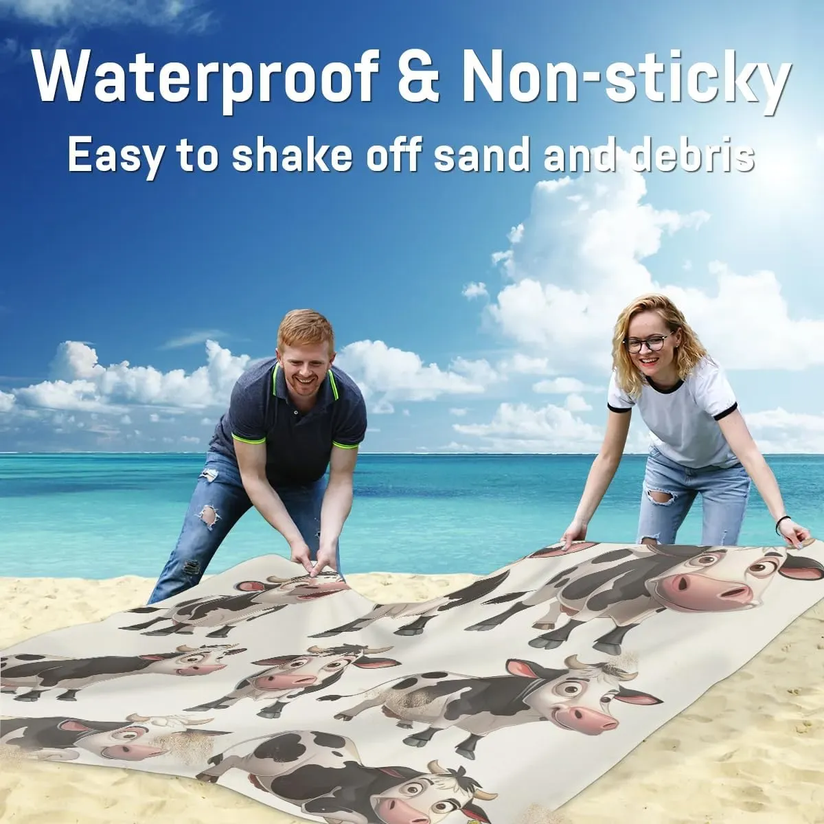 Cow Beach Blanket, Sandproof Beach Mat, Adults Waterproof Quick Drying Sand Free Mat with 4 x Ground Spikes for Outdoor Travel Camping Hiking, Milk Cow