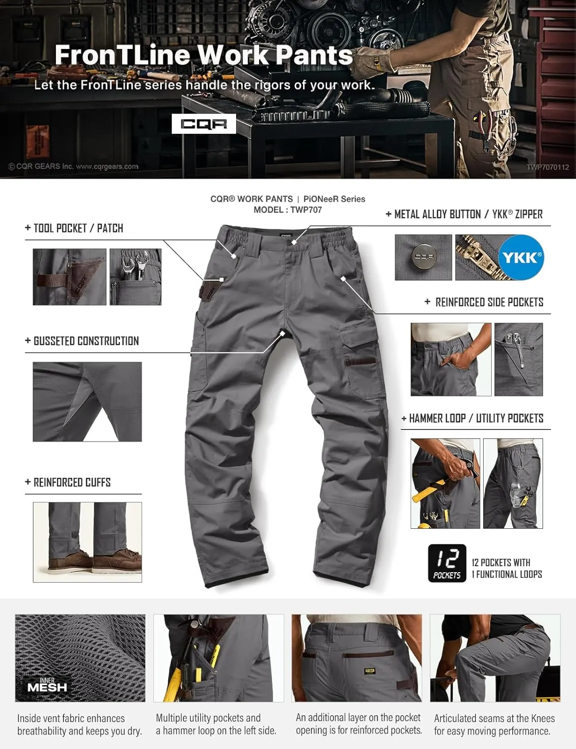 CQR Men's Flex Ripstop Work Pants, Water Resistant Tactical Pants, Outdoor Utility Operator EDC Cargo Pants