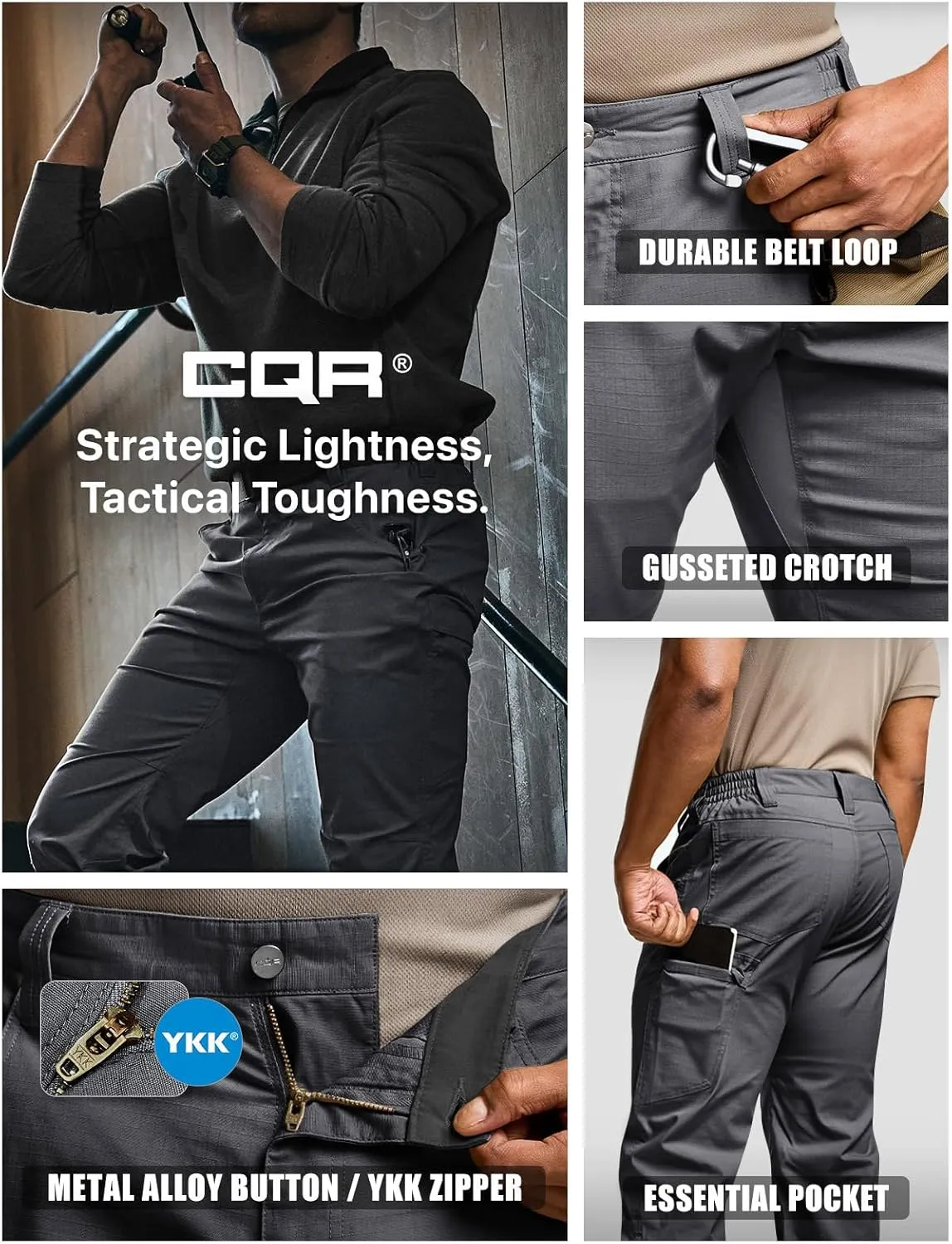 CQR Men's Utility Flex Cargo Pants, Classic-Fit Casual Stretch Work Pants, Water Resistant Lightweight Tactical Hiking Pants