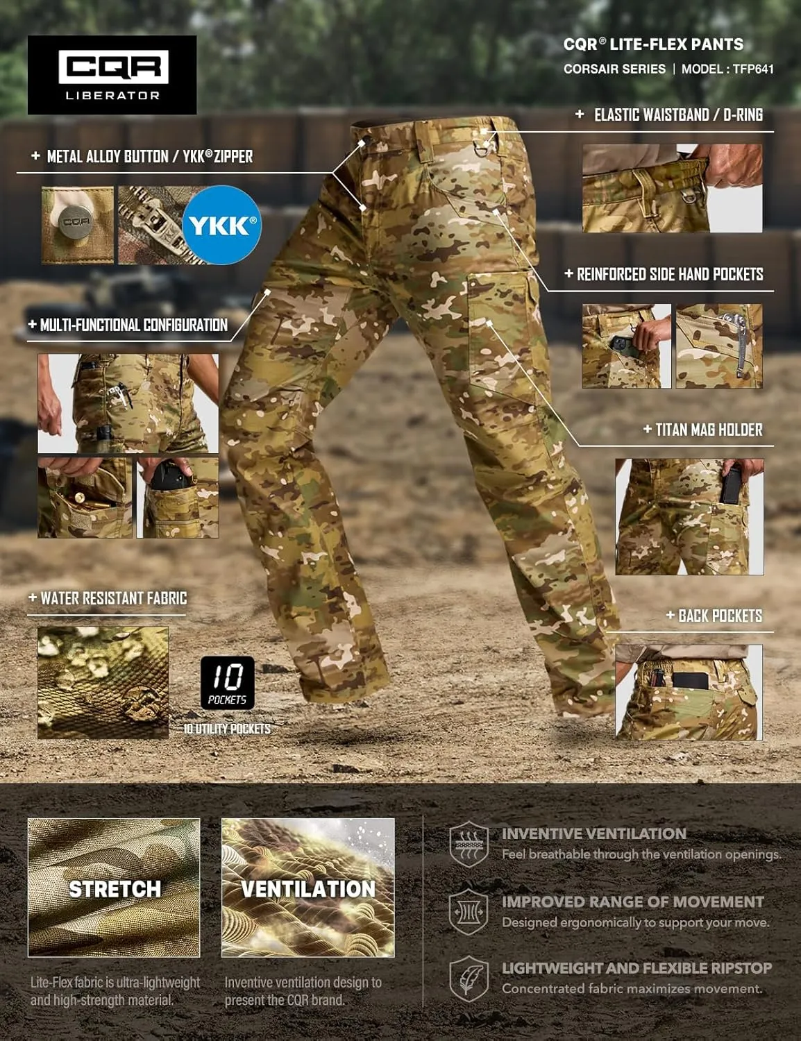 CQR Men's Utility Flex Cargo Pants, Classic-Fit Casual Stretch Work Pants, Water Resistant Lightweight Tactical Hiking Pants