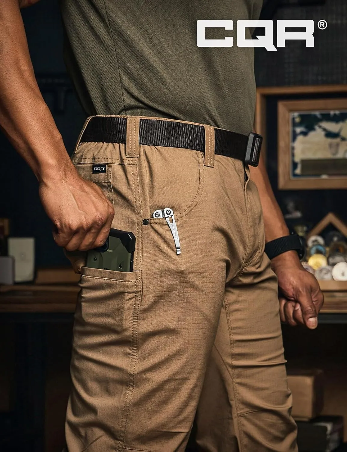CQR Men's Utility Flex Cargo Pants, Classic-Fit Casual Stretch Work Pants, Water Resistant Lightweight Tactical Hiking Pants
