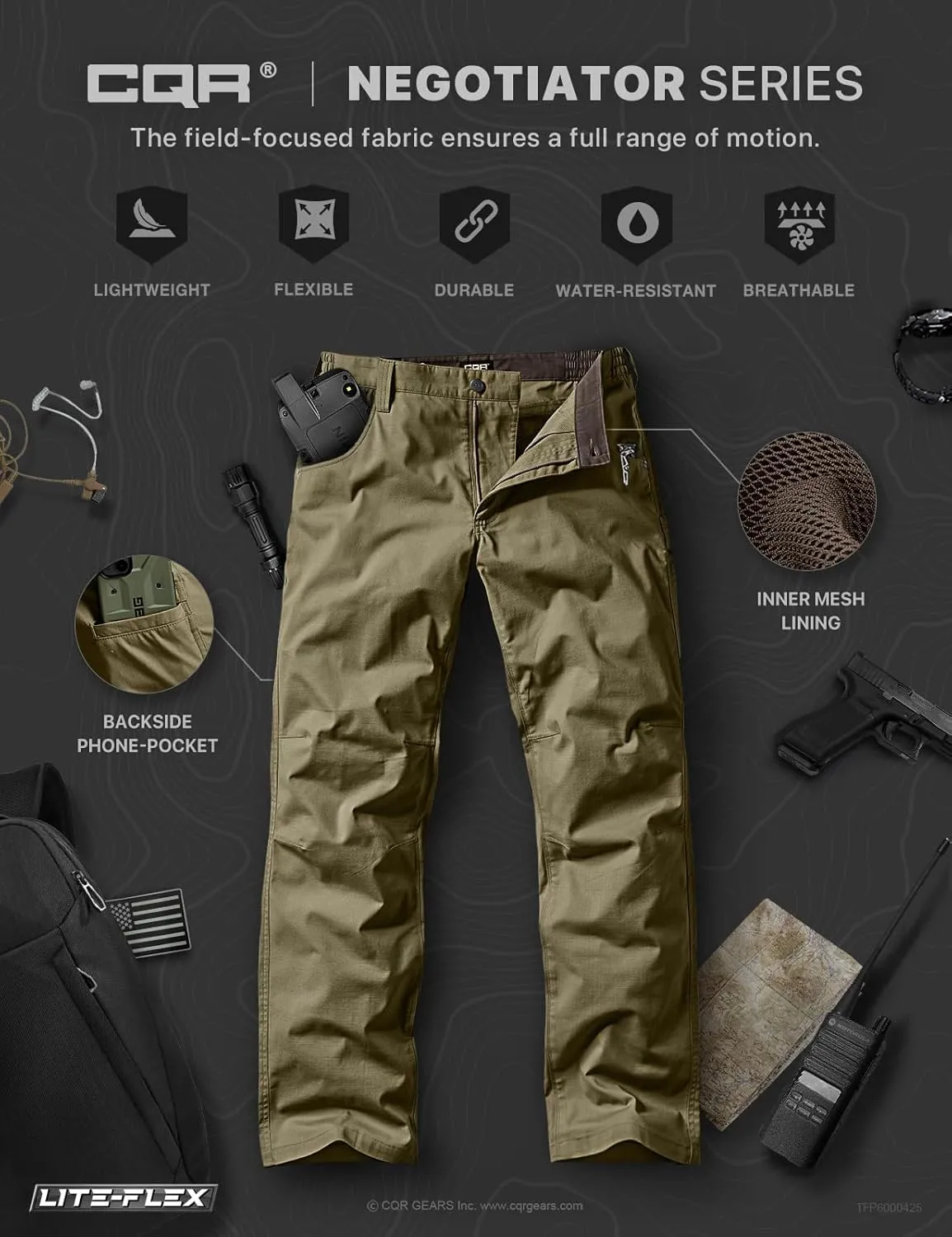 CQR Men's Utility Flex Cargo Pants, Classic-Fit Casual Stretch Work Pants, Water Resistant Lightweight Tactical Hiking Pants