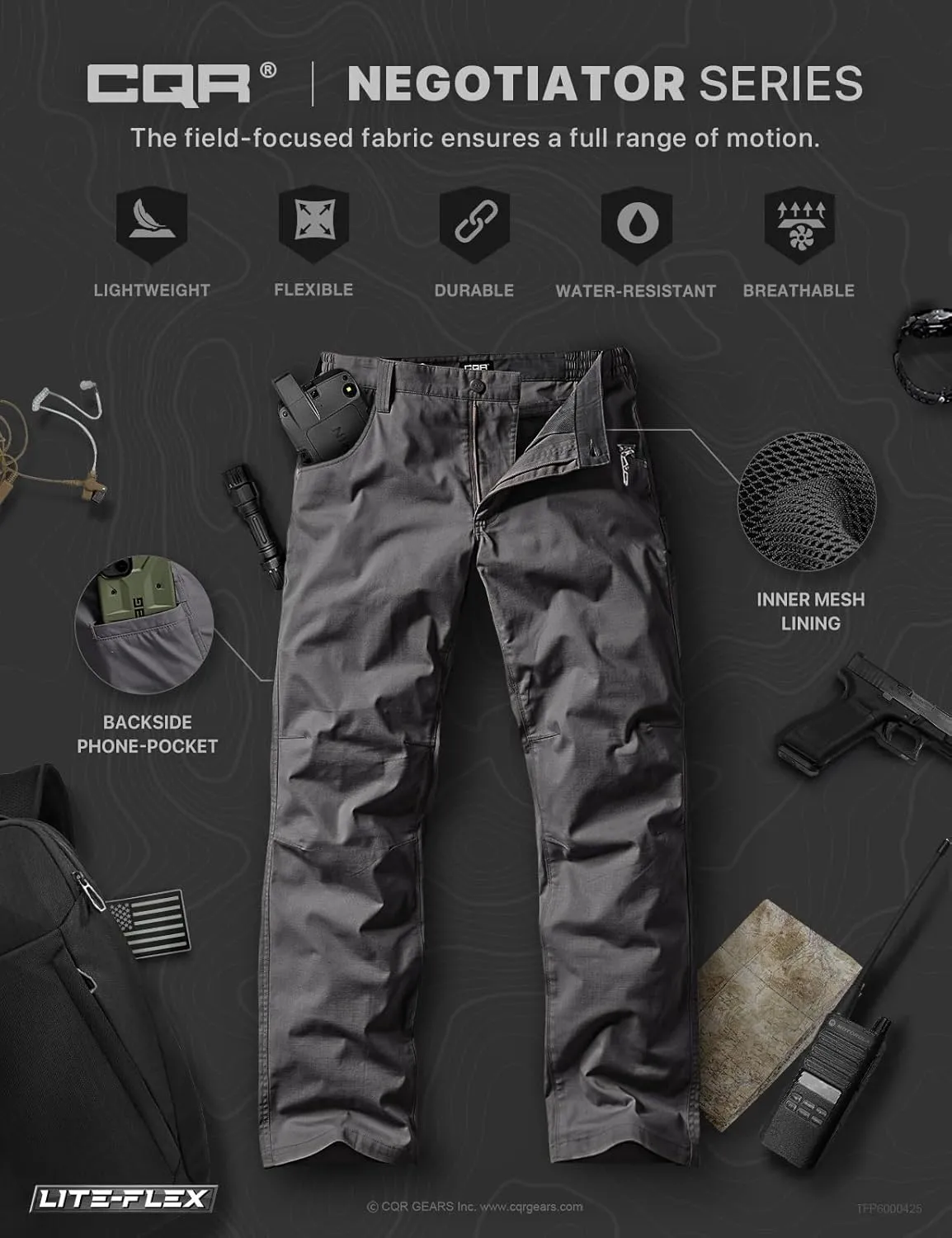 CQR Men's Utility Flex Cargo Pants, Classic-Fit Casual Stretch Work Pants, Water Resistant Lightweight Tactical Hiking Pants