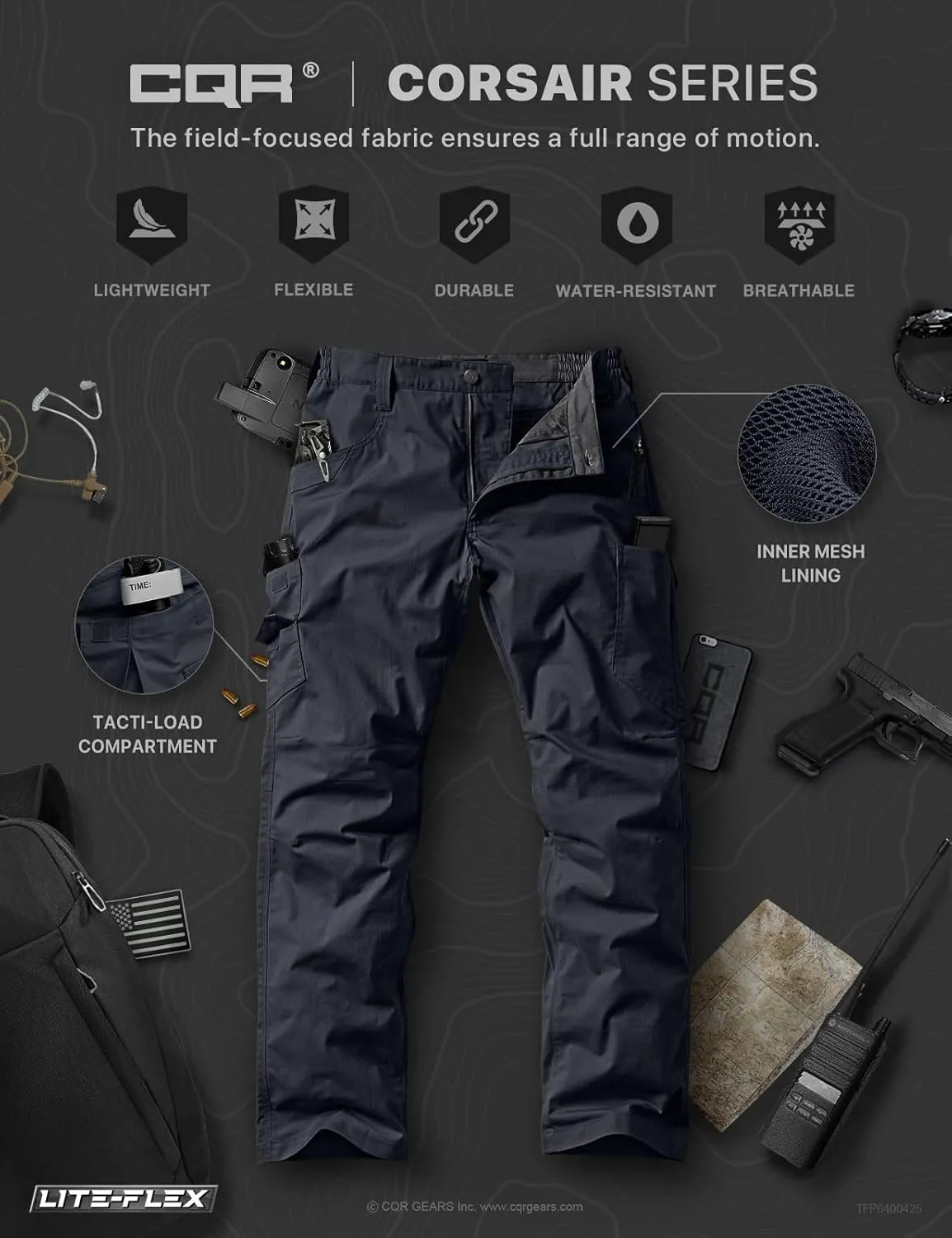 CQR Men's Utility Flex Cargo Pants, Classic-Fit Casual Stretch Work Pants, Water Resistant Lightweight Tactical Hiking Pants