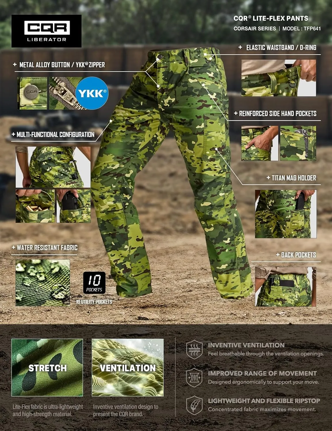 CQR Men's Utility Flex Cargo Pants, Classic-Fit Casual Stretch Work Pants, Water Resistant Lightweight Tactical Hiking Pants
