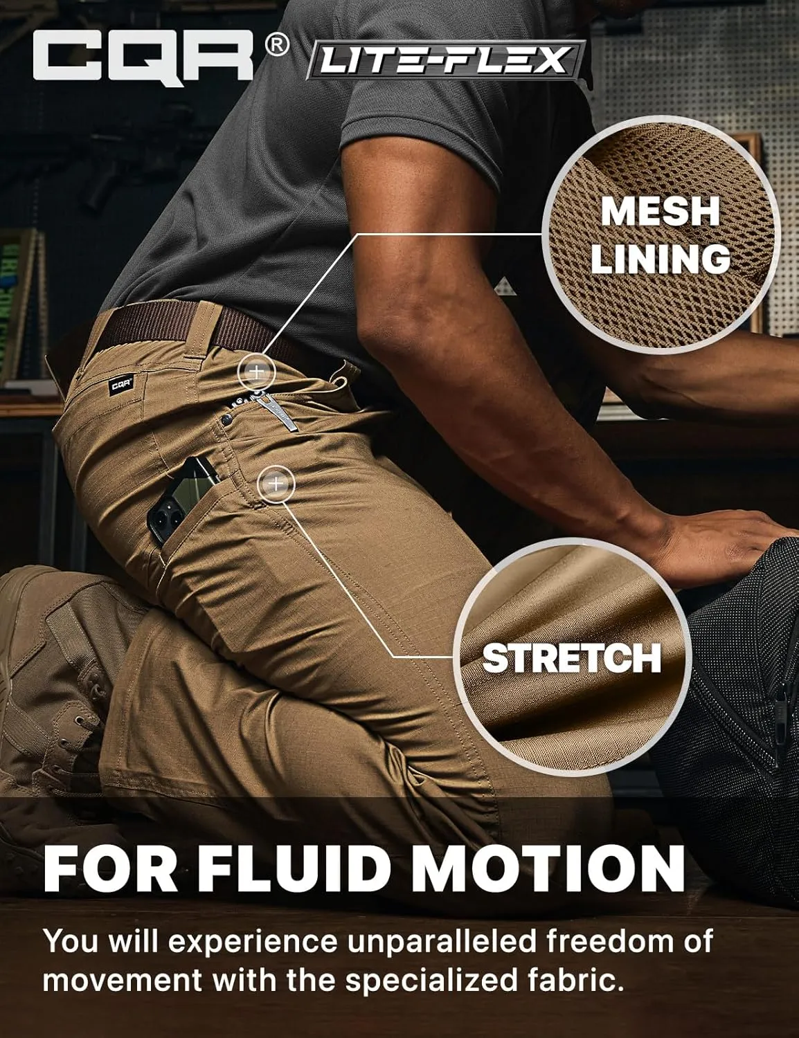 CQR Men's Utility Flex Cargo Pants, Classic-Fit Casual Stretch Work Pants, Water Resistant Lightweight Tactical Hiking Pants