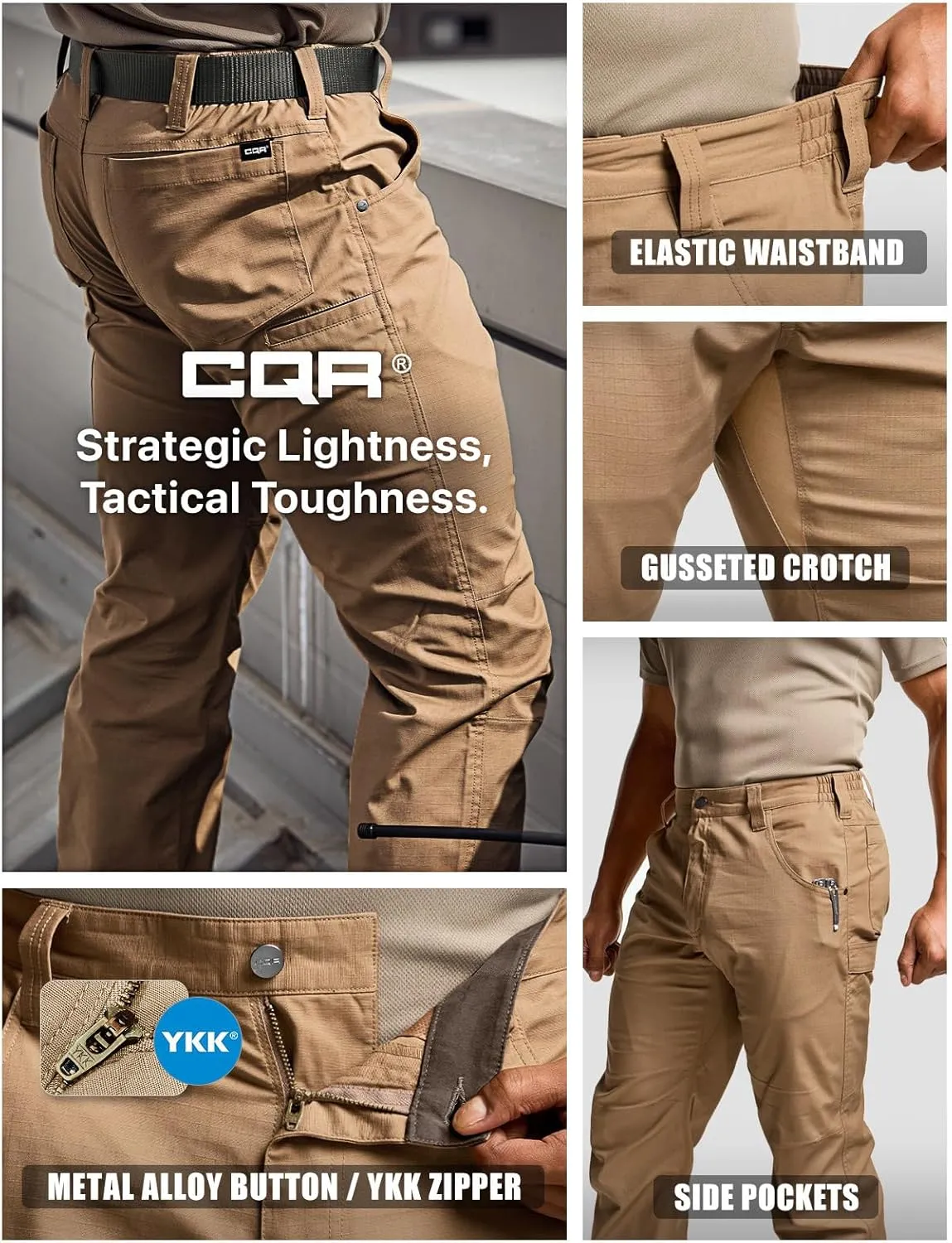 CQR Men's Utility Flex Cargo Pants, Classic-Fit Casual Stretch Work Pants, Water Resistant Lightweight Tactical Hiking Pants