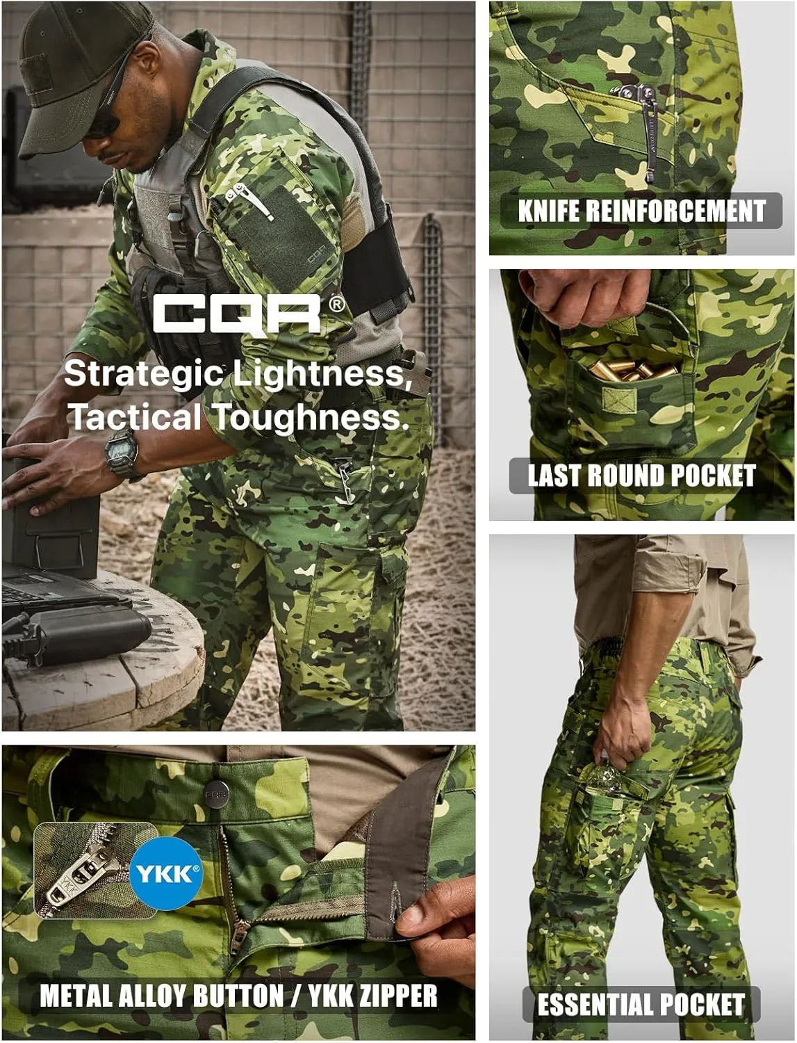 CQR Men's Utility Flex Cargo Pants, Classic-Fit Casual Stretch Work Pants, Water Resistant Lightweight Tactical Hiking Pants