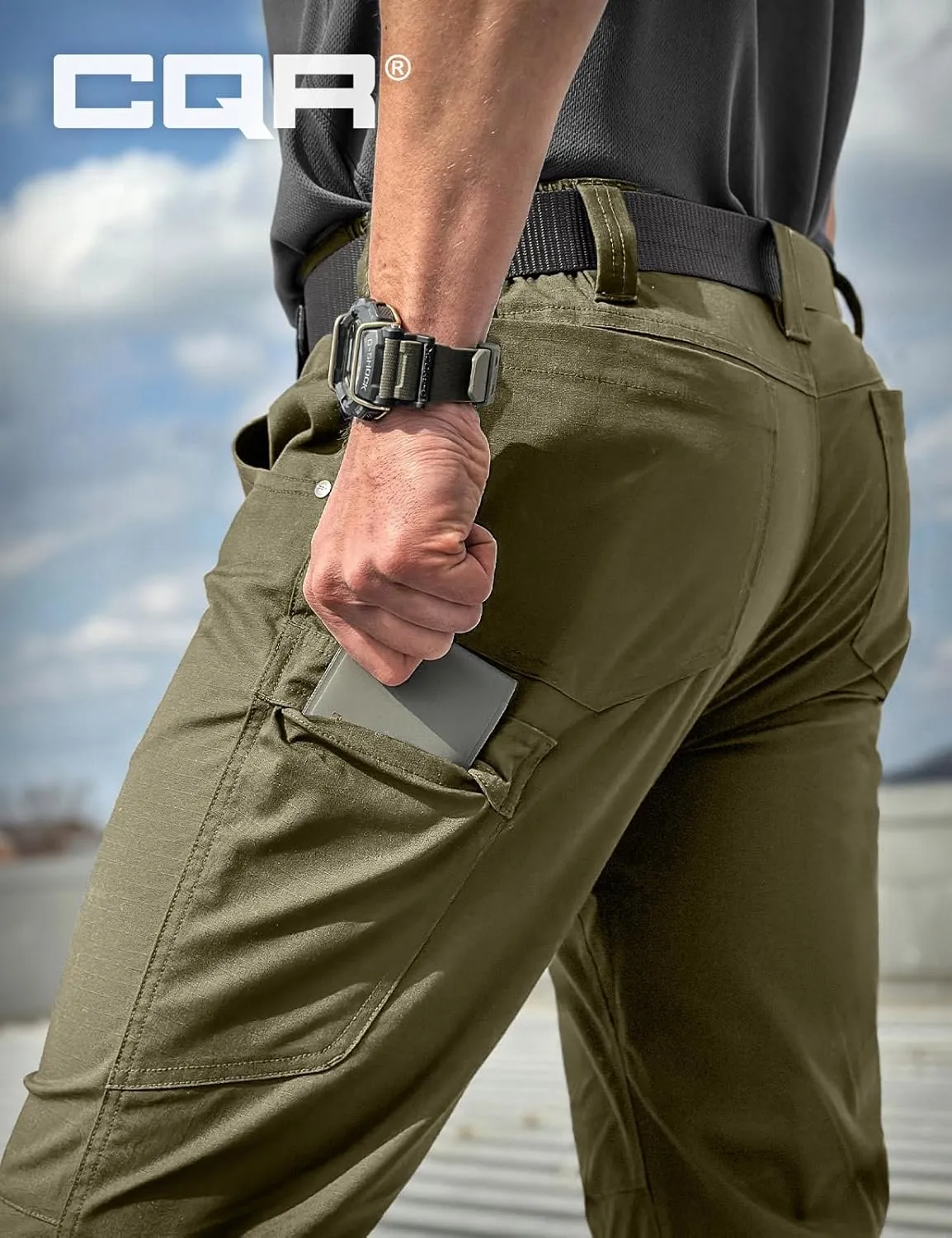 CQR Men's Utility Flex Cargo Pants, Classic-Fit Casual Stretch Work Pants, Water Resistant Lightweight Tactical Hiking Pants