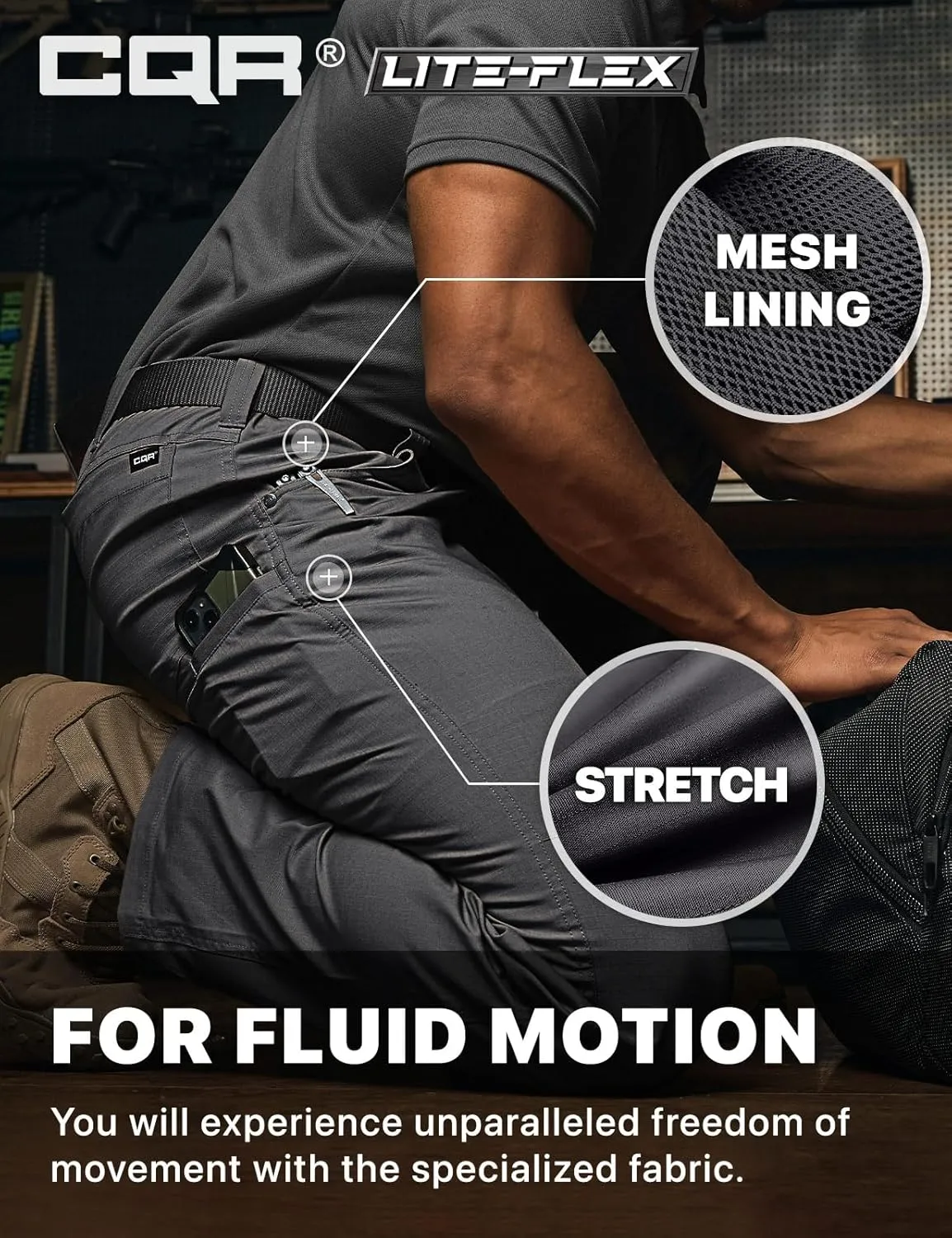 CQR Men's Utility Flex Cargo Pants, Classic-Fit Casual Stretch Work Pants, Water Resistant Lightweight Tactical Hiking Pants