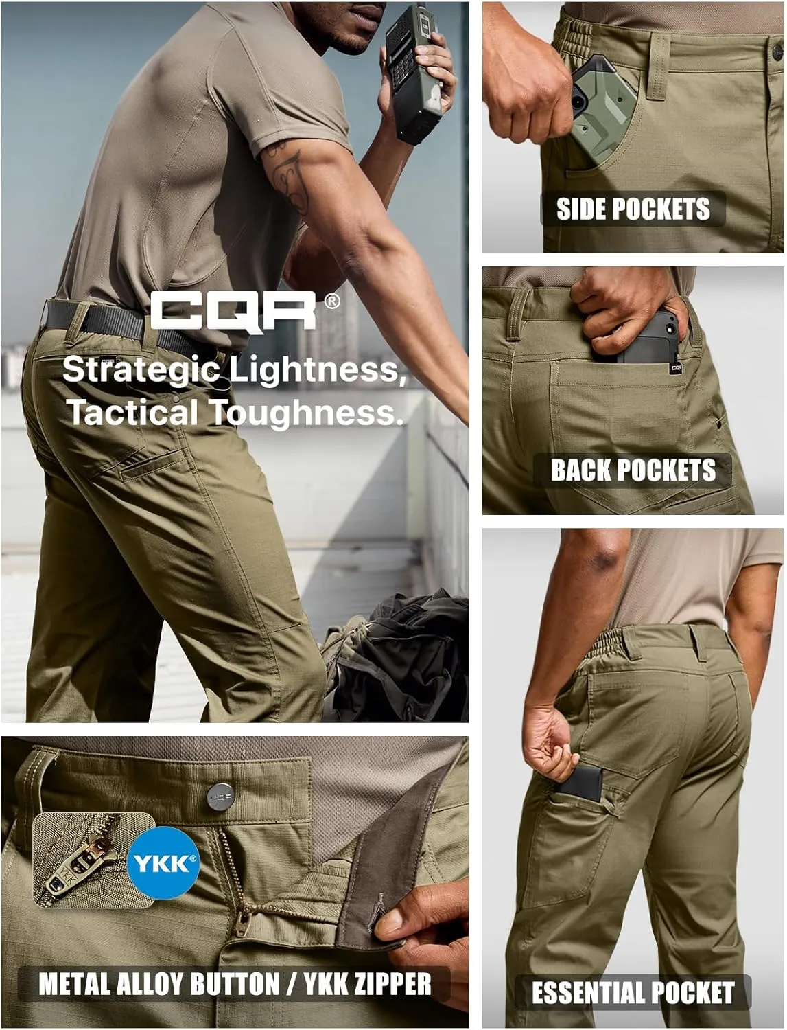 CQR Men's Utility Flex Cargo Pants, Classic-Fit Casual Stretch Work Pants, Water Resistant Lightweight Tactical Hiking Pants