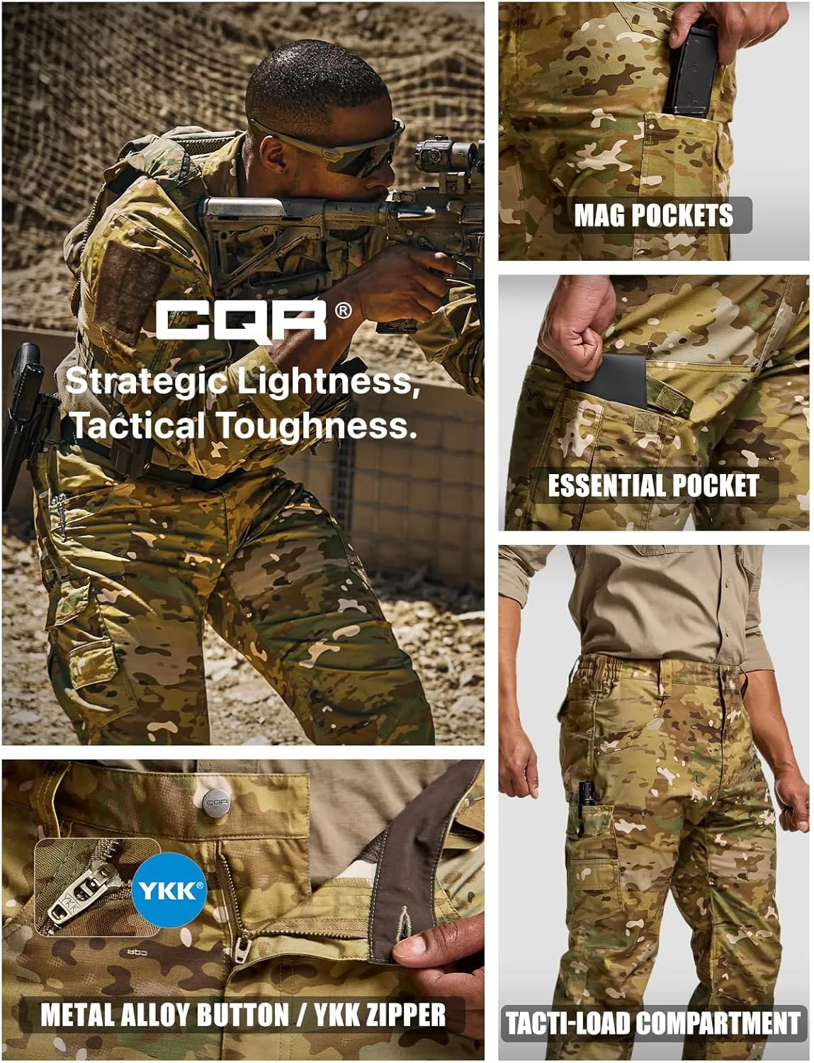 CQR Men's Utility Flex Cargo Pants, Classic-Fit Casual Stretch Work Pants, Water Resistant Lightweight Tactical Hiking Pants
