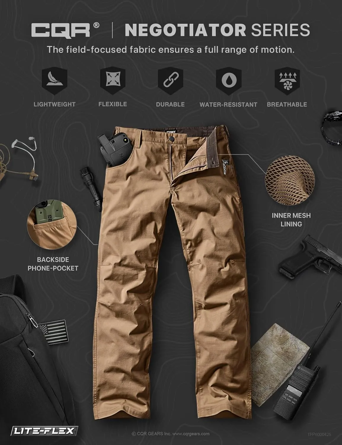 CQR Men's Utility Flex Cargo Pants, Classic-Fit Casual Stretch Work Pants, Water Resistant Lightweight Tactical Hiking Pants
