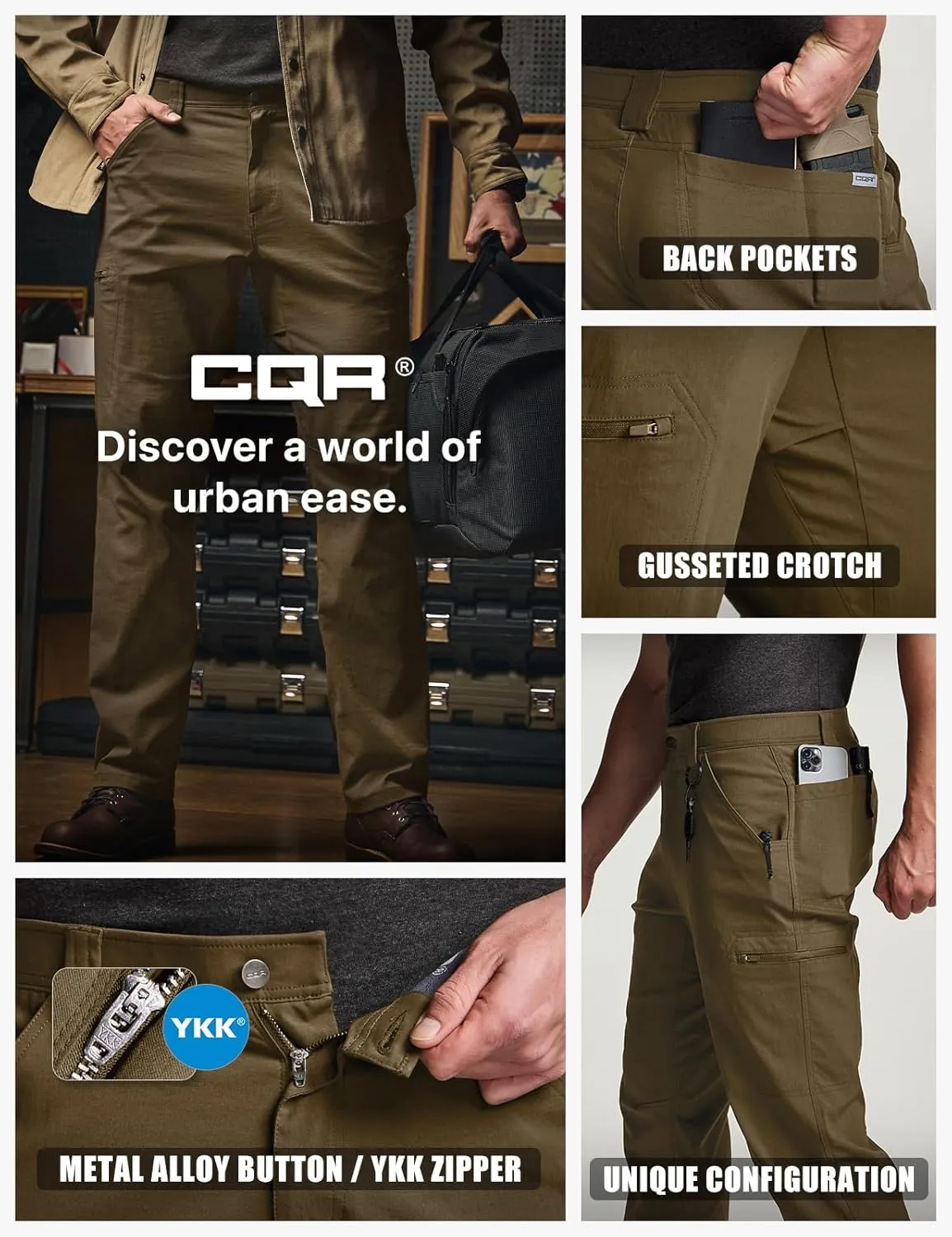 CQR Men's Vent Stretch Pants, Quick Dry Lightweight Casual Cargo Pants, Water Resistant Straight-Fit Utility Work Pants